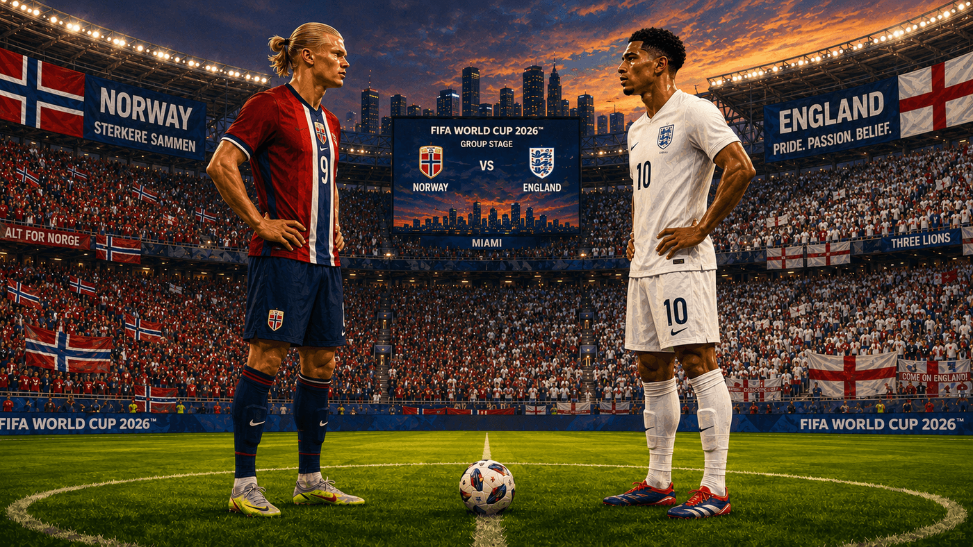 Two world-class strikers — one in Norway white, one in England white — facing each other at the center of a packed Miami stadium