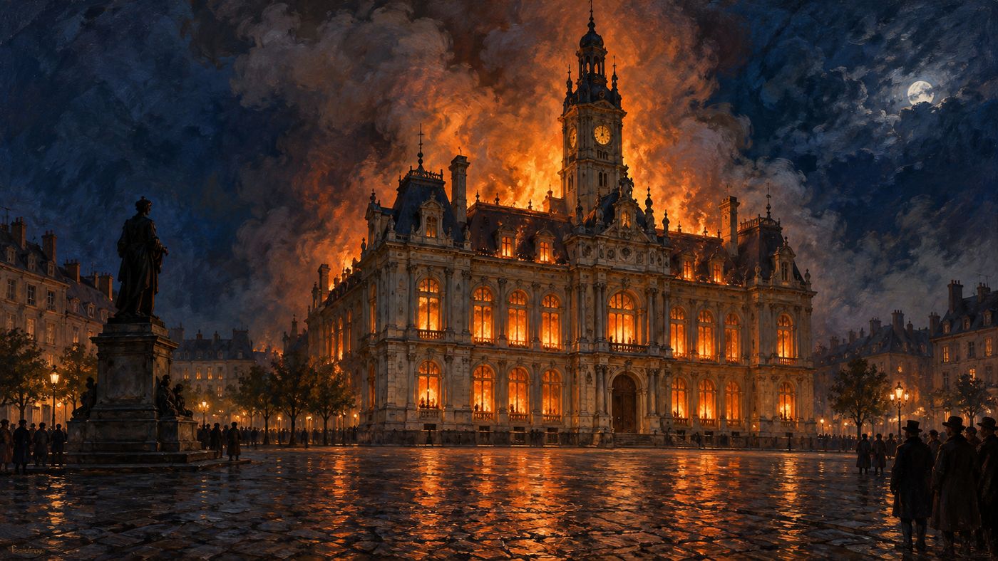 The historic Limoges city hall in flames at night, its clock tower silhouetted against smoke and orange light