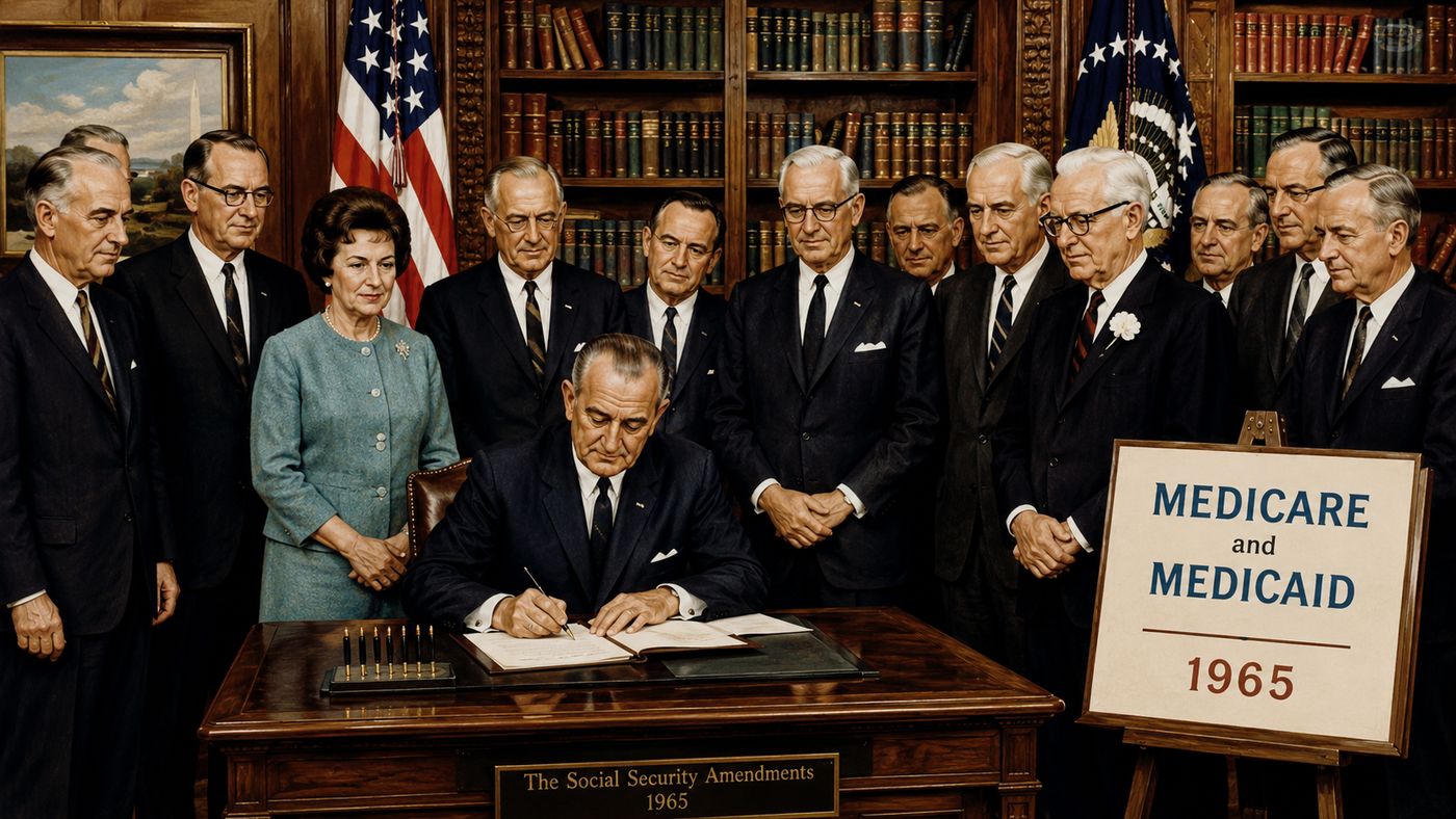 A 1960s presidential bill-signing ceremony in a formal library setting, the president at a desk surrounded by officials and dignitaries