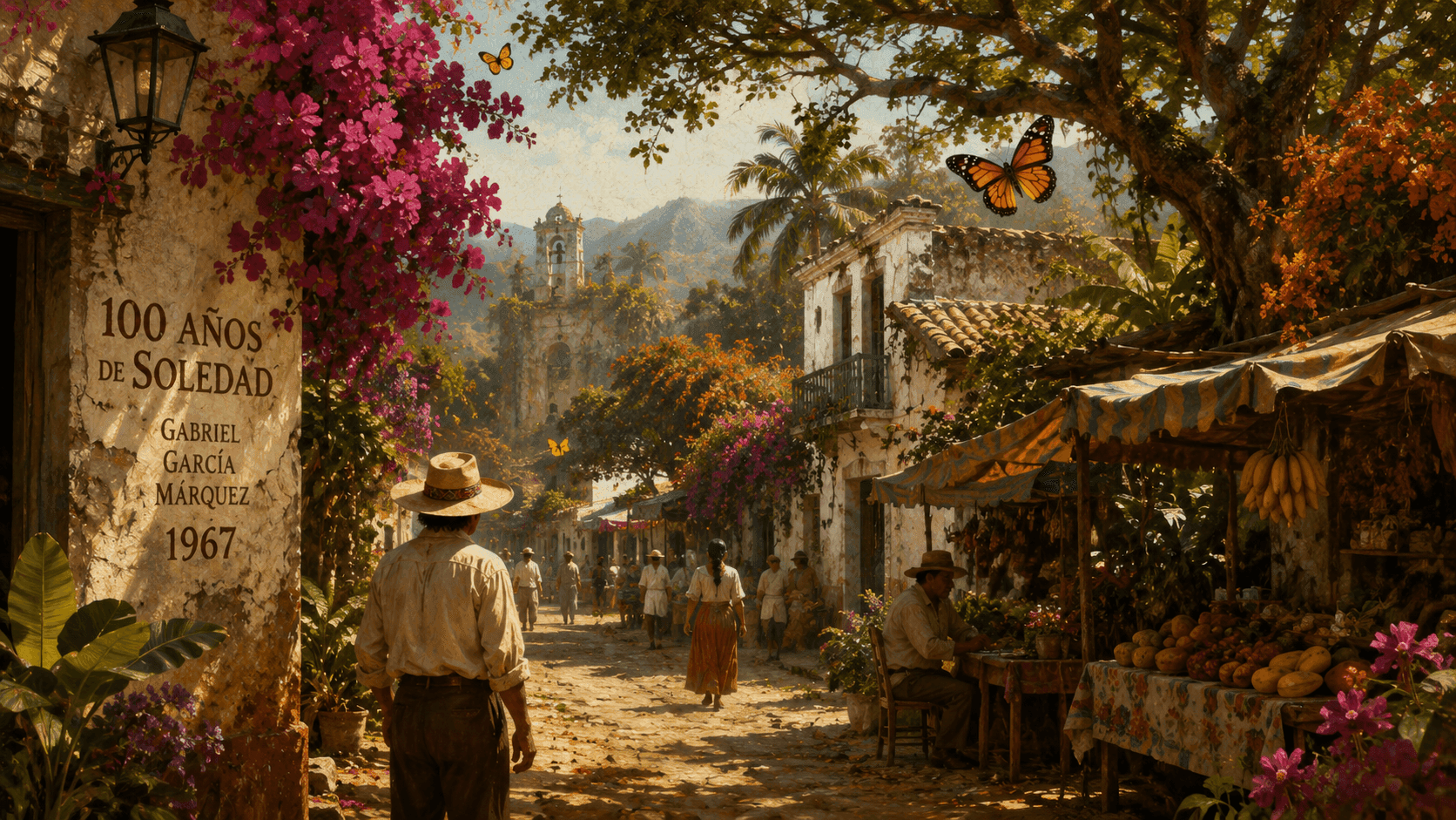 A colorful Latin American village street with flowering trees and market stalls in a tropical setting evoking the world of Macondo