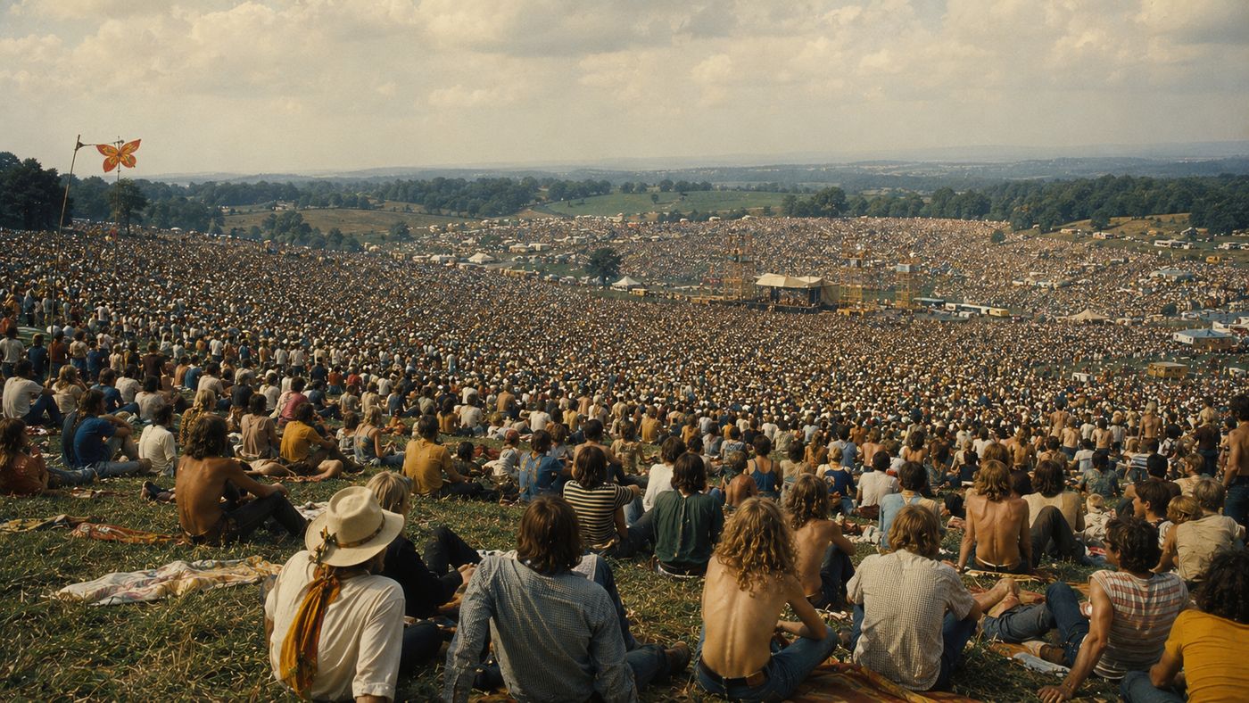 A vast outdoor festival crowd on a hillside farm in summer, hundreds of thousands of people visible across a wide green landscape under a hazy sky