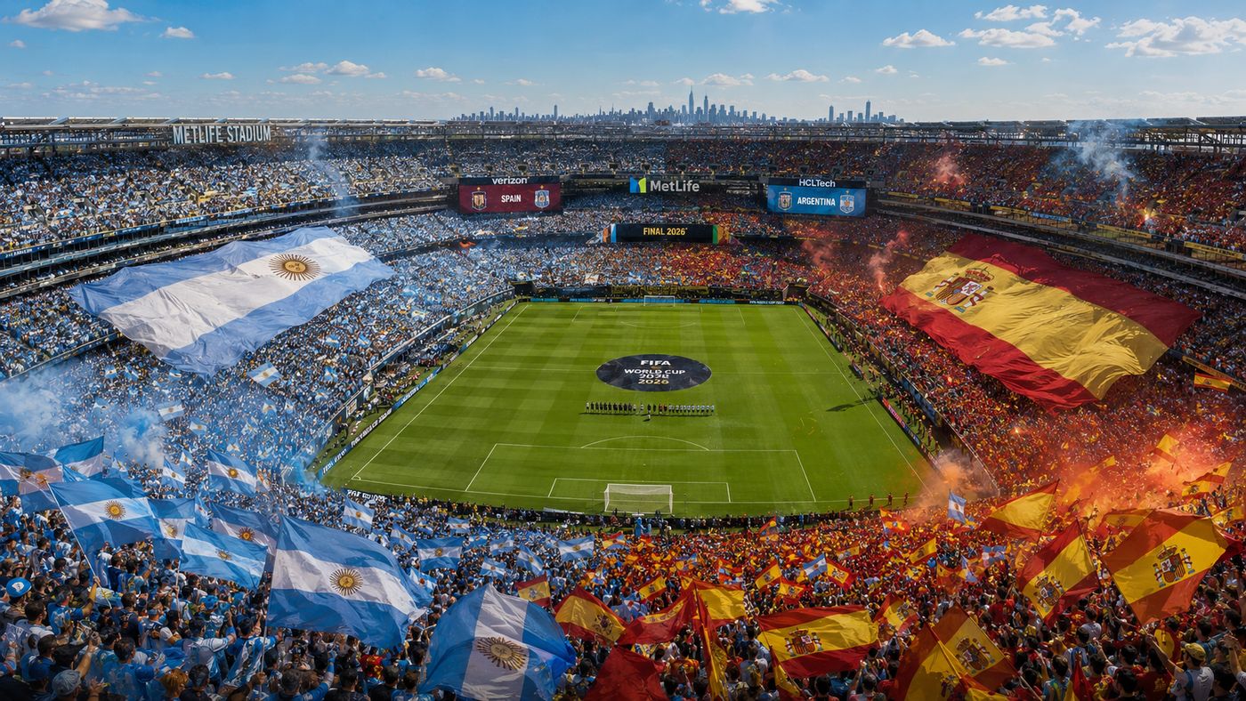 MetLife Stadium in East Rutherford, New Jersey, packed with fans under a brilliant July sky as the World Cup Final begins