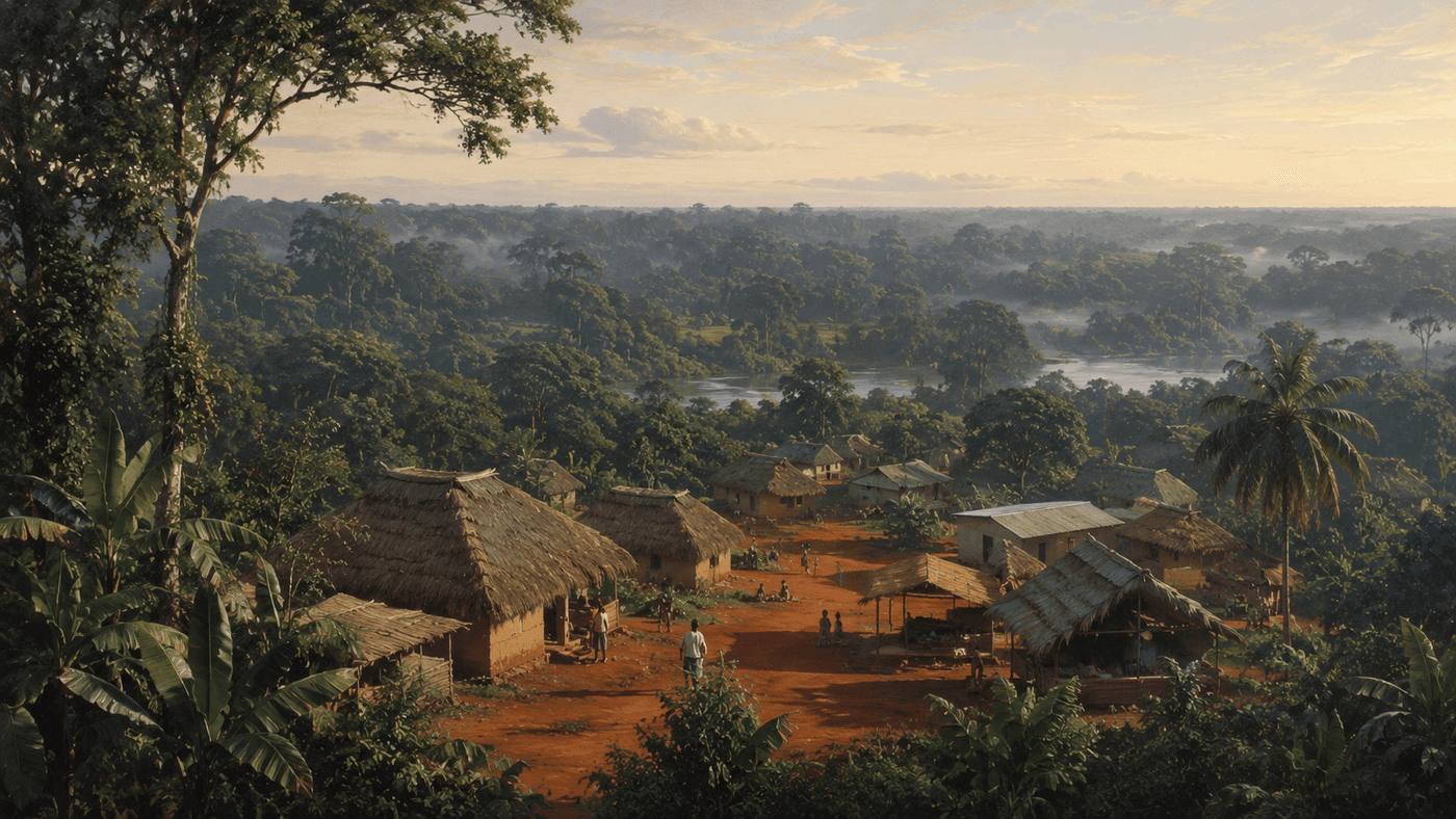 A remote African village at the edge of dense equatorial forest, medical workers in protective equipment visible near a clinic