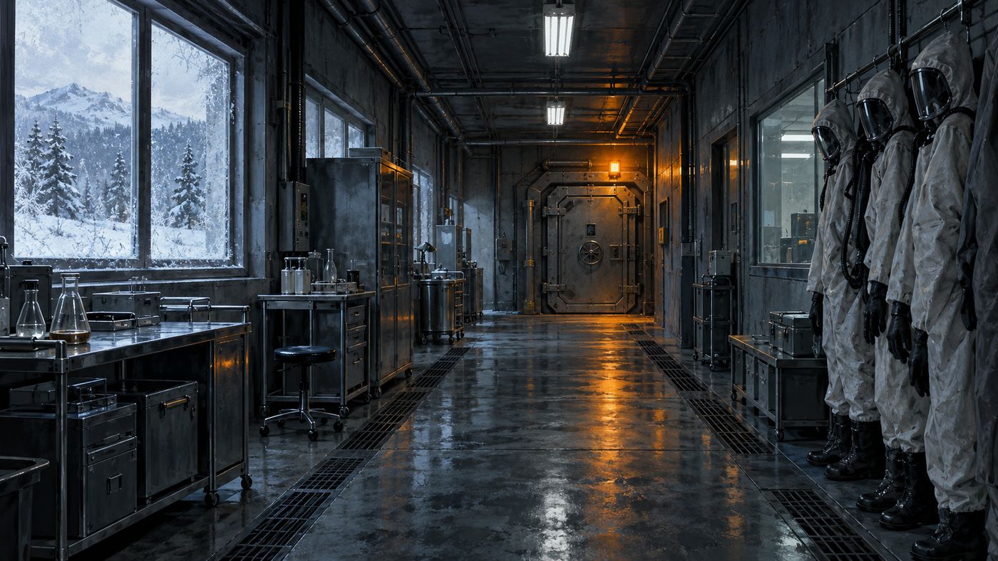 A dimly lit laboratory corridor with biosafety equipment and a sealed containment door