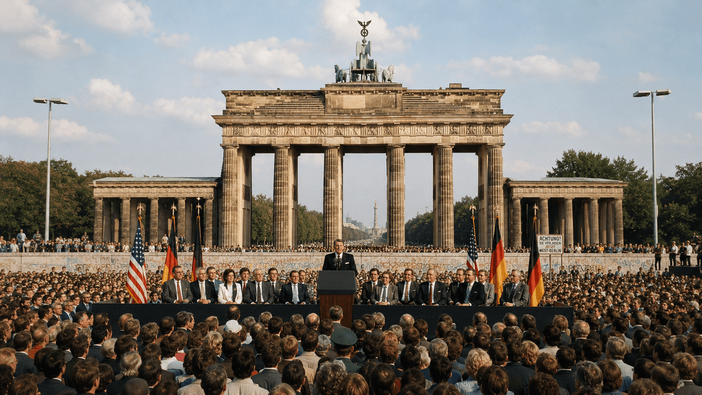 The Brandenburg Gate in West Berlin in 1987 with the Berlin Wall visible and a large crowd gathered before a podium