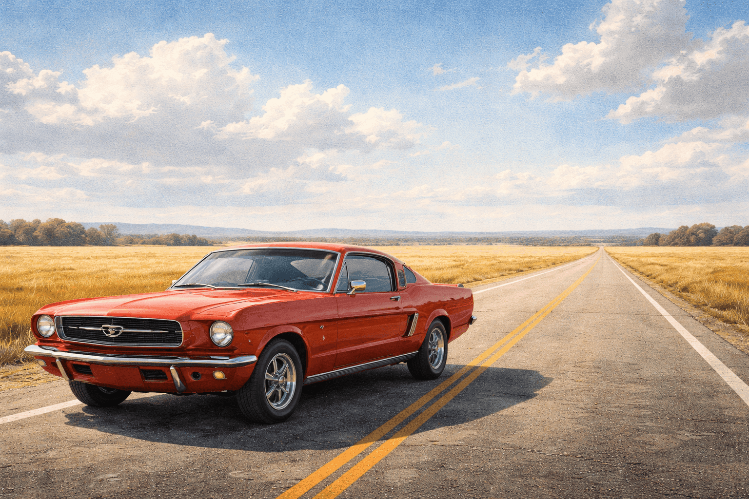 A classic 1964 Ford Mustang in bright red parked on an open American highway with the landscape stretching to the horizon