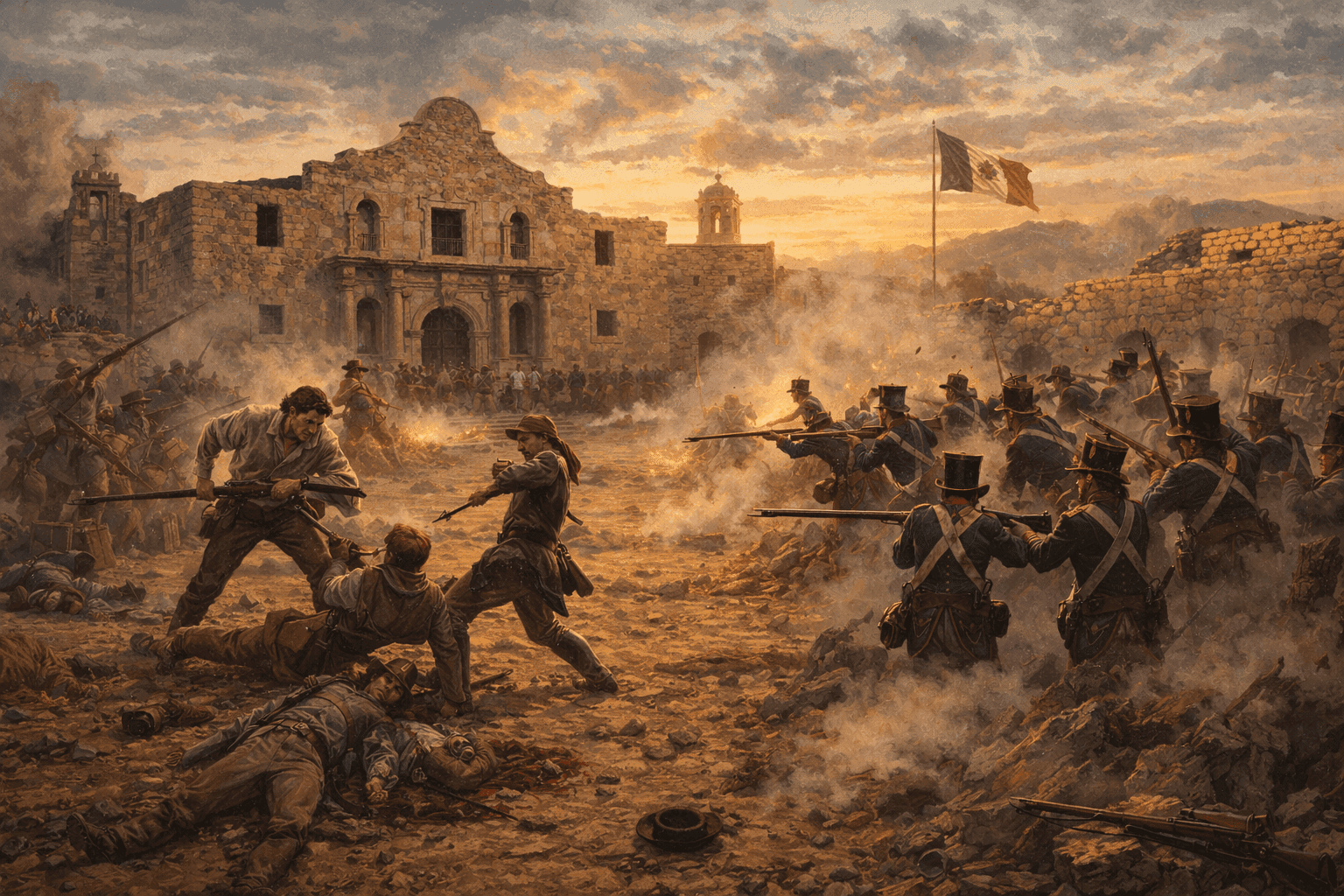 Historical illustration of the Alamo Mission in 1836 San Antonio with Spanish colonial architecture and Texas landscape