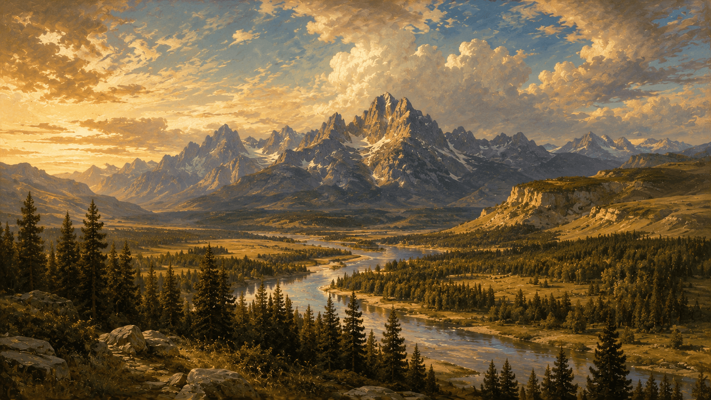 A painterly landscape of Idaho's dramatic mountain terrain with a wide river valley below under an expansive Western sky