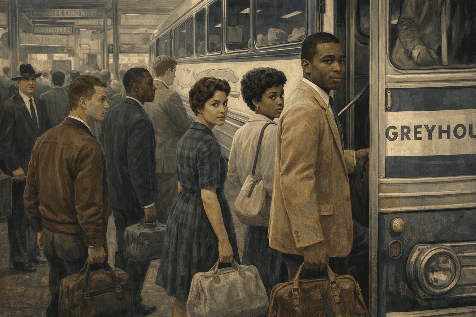 An integrated group of civil rights activists boarding a Greyhound bus at a Washington D.C. terminal in 1961