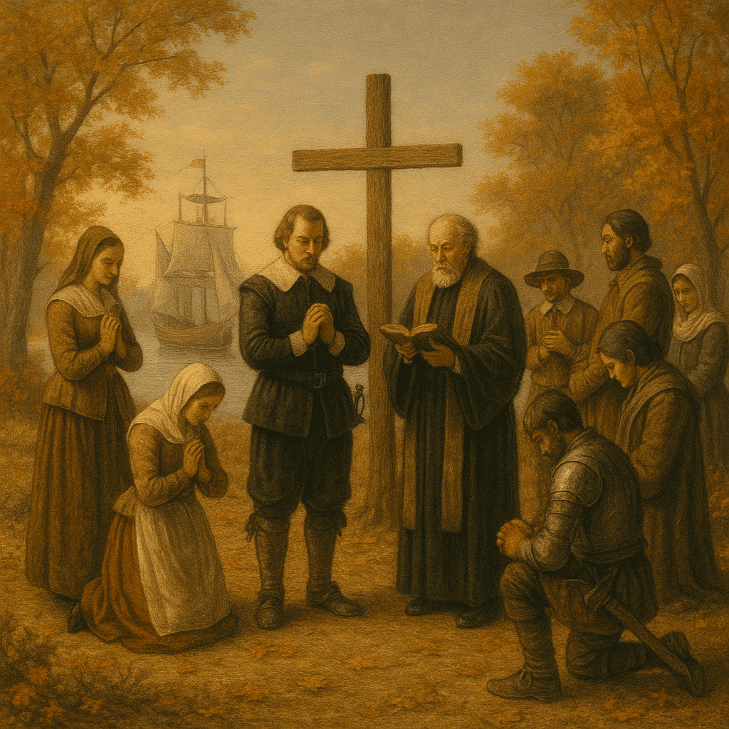 Settlers at Berkeley Plantation holding the first Thanksgiving