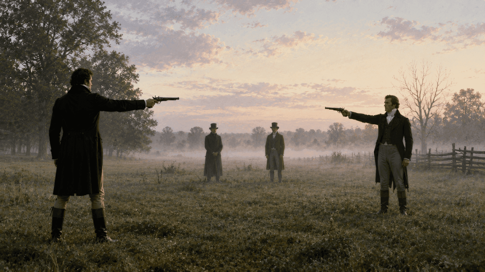 Two men in early 19th-century dress facing each other in a formal dueling stance in a Kentucky meadow at dawn