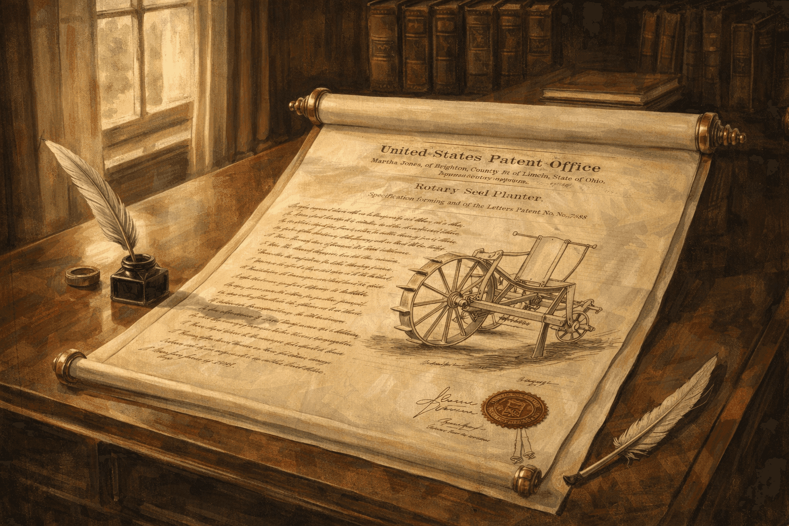 A 19th-century patent document unrolled on a wooden desk alongside technical drawings of an agricultural device