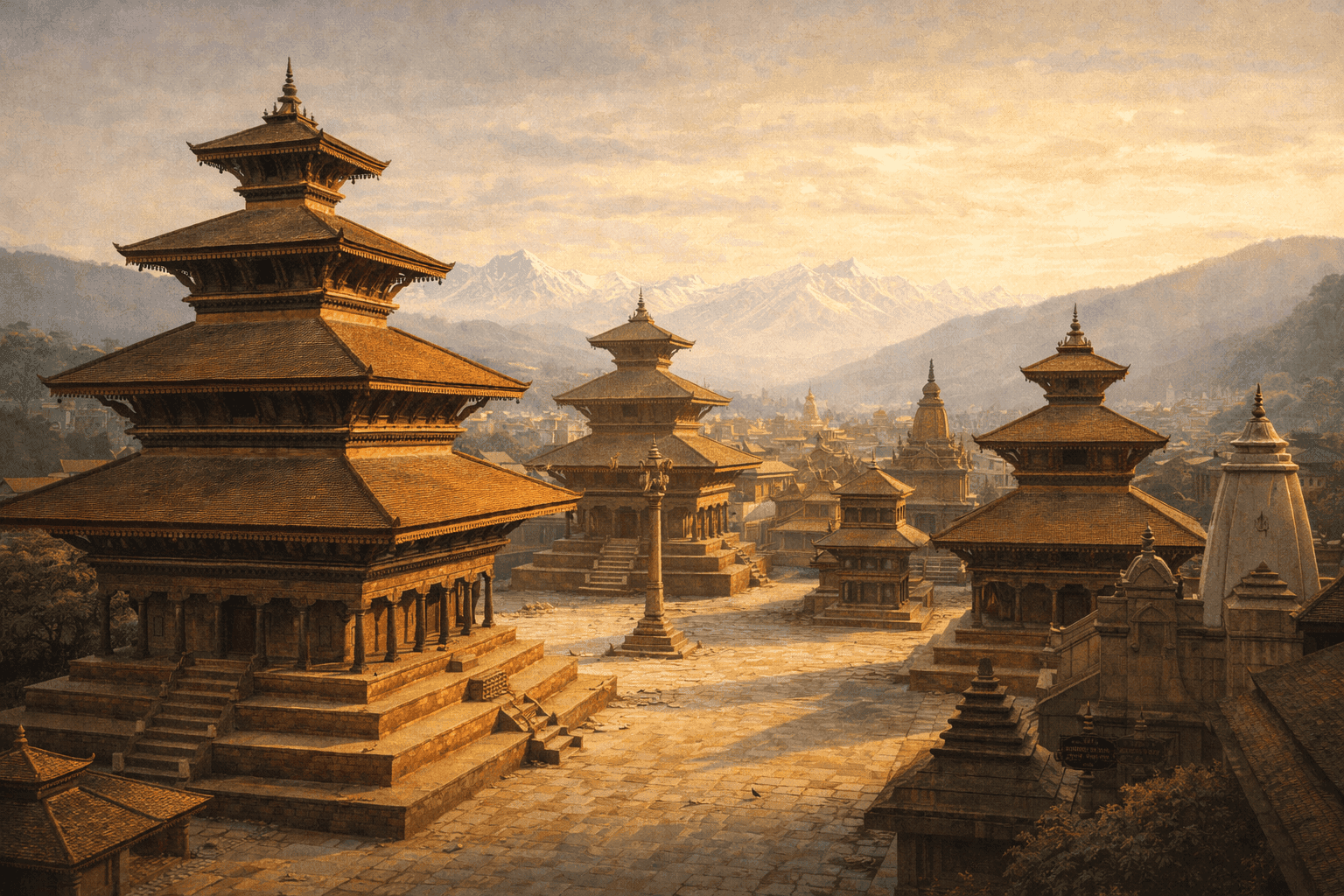 The ancient temples of Kathmandu's Durbar Square with the Himalayas visible in the background at dawn