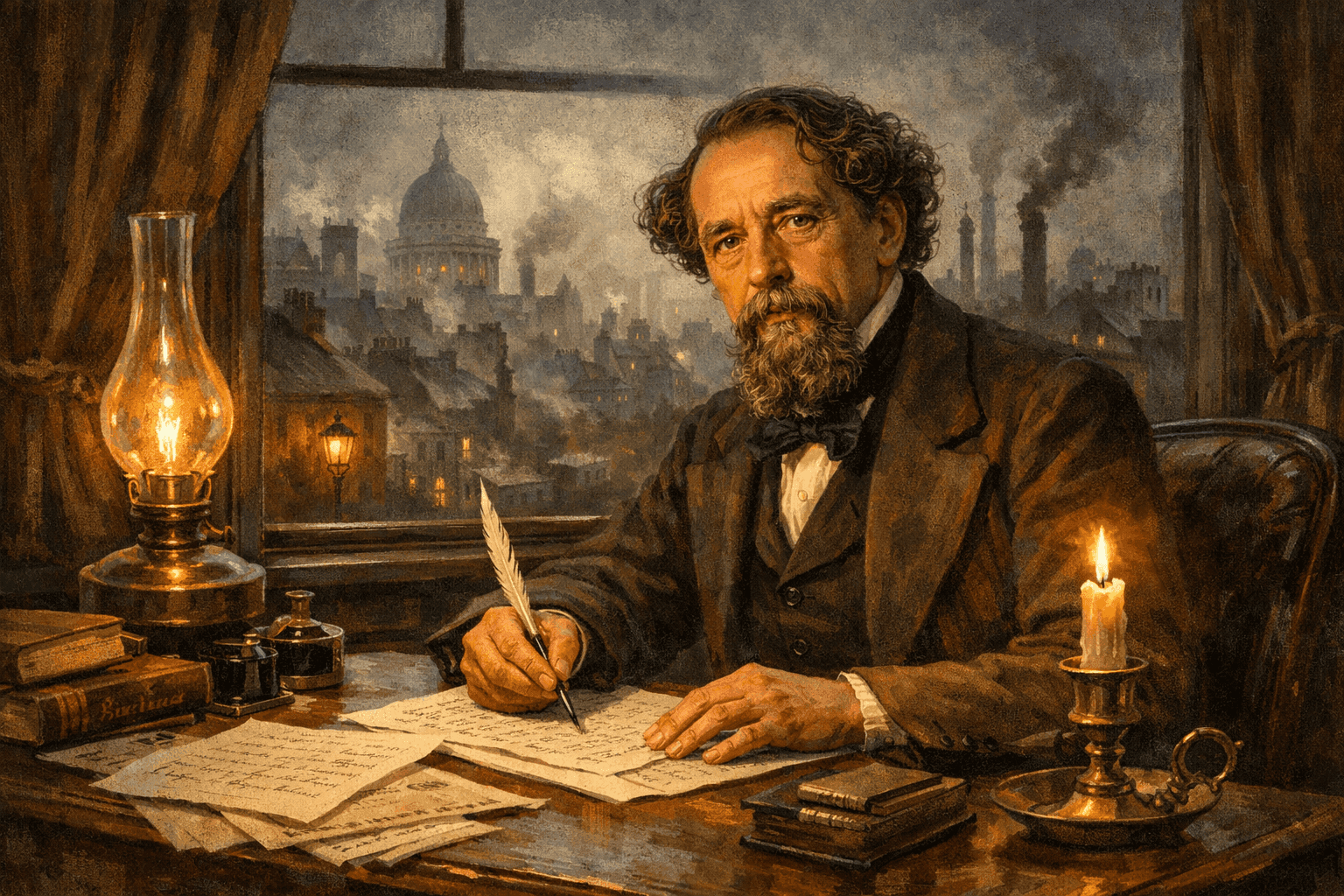 Charles Dickens writing at his desk by candlelight with Victorian London visible through the window behind him