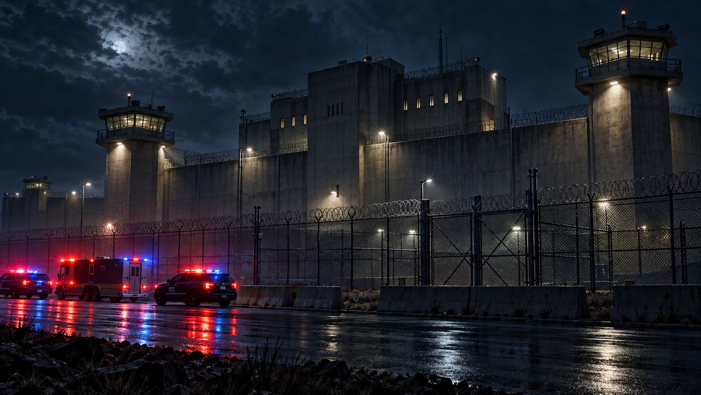 Emergency vehicles parked outside a maximum security prison facility at night