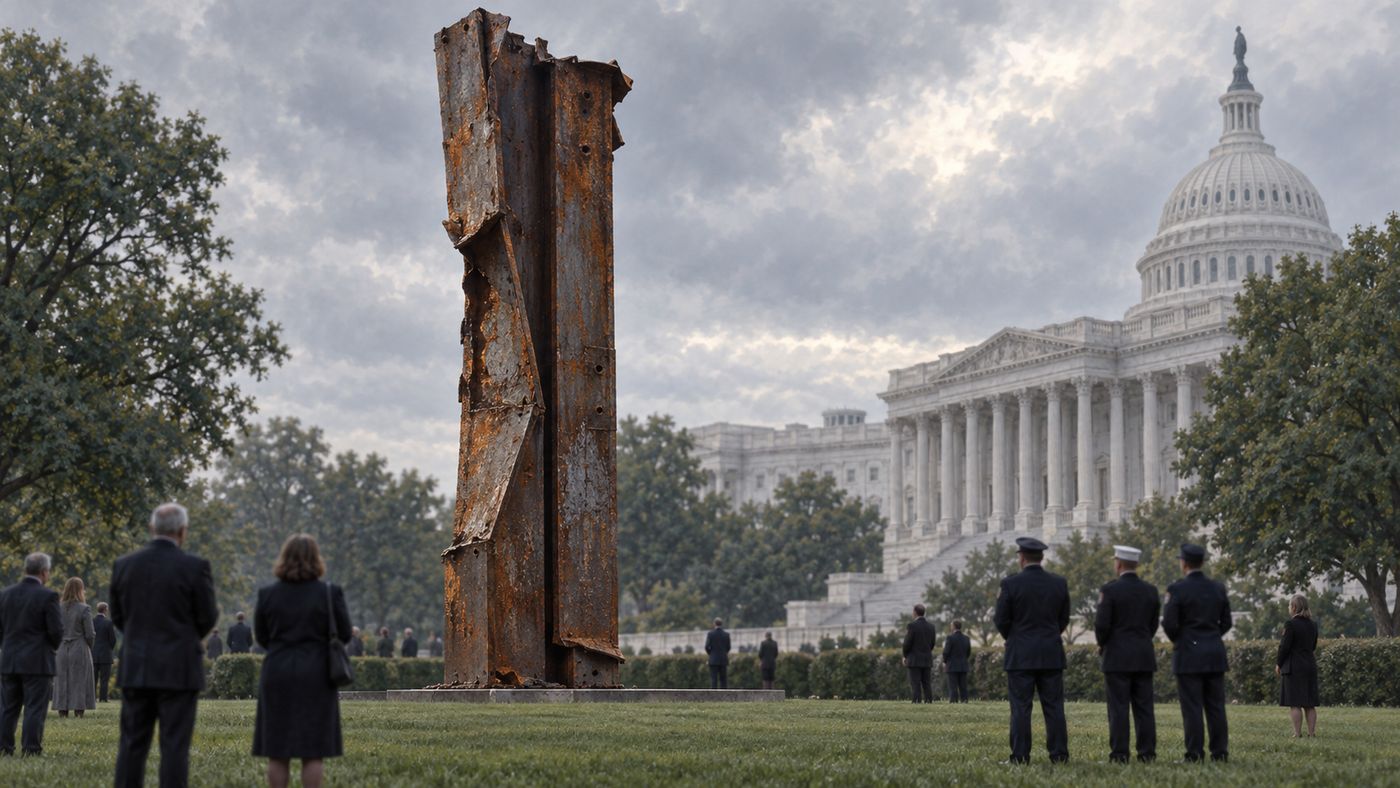 A large twisted steel beam from the World Trade Center displayed outdoors near a historic government building