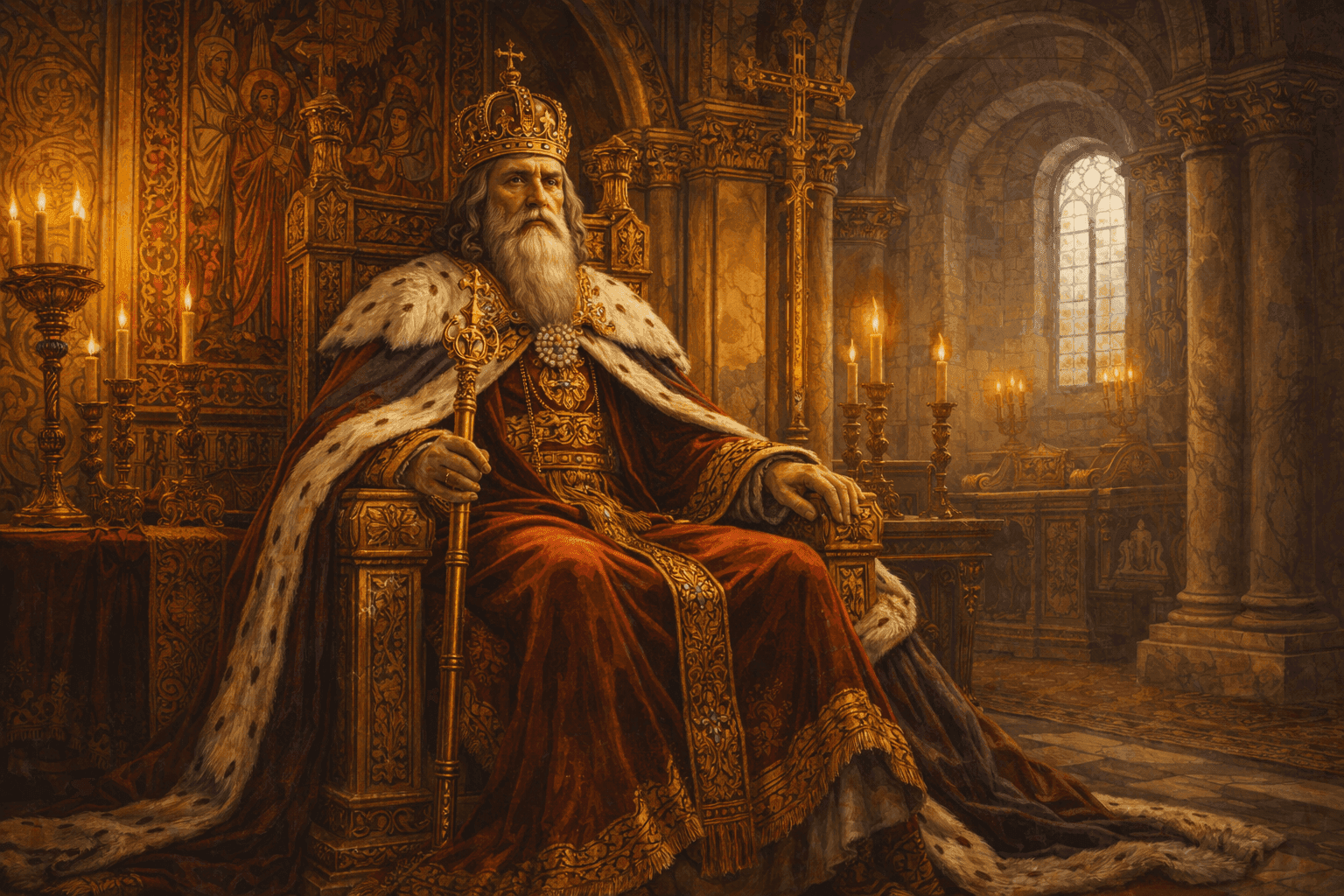 Charlemagne in imperial regalia seated on throne with crown and scepter in a medieval palace setting