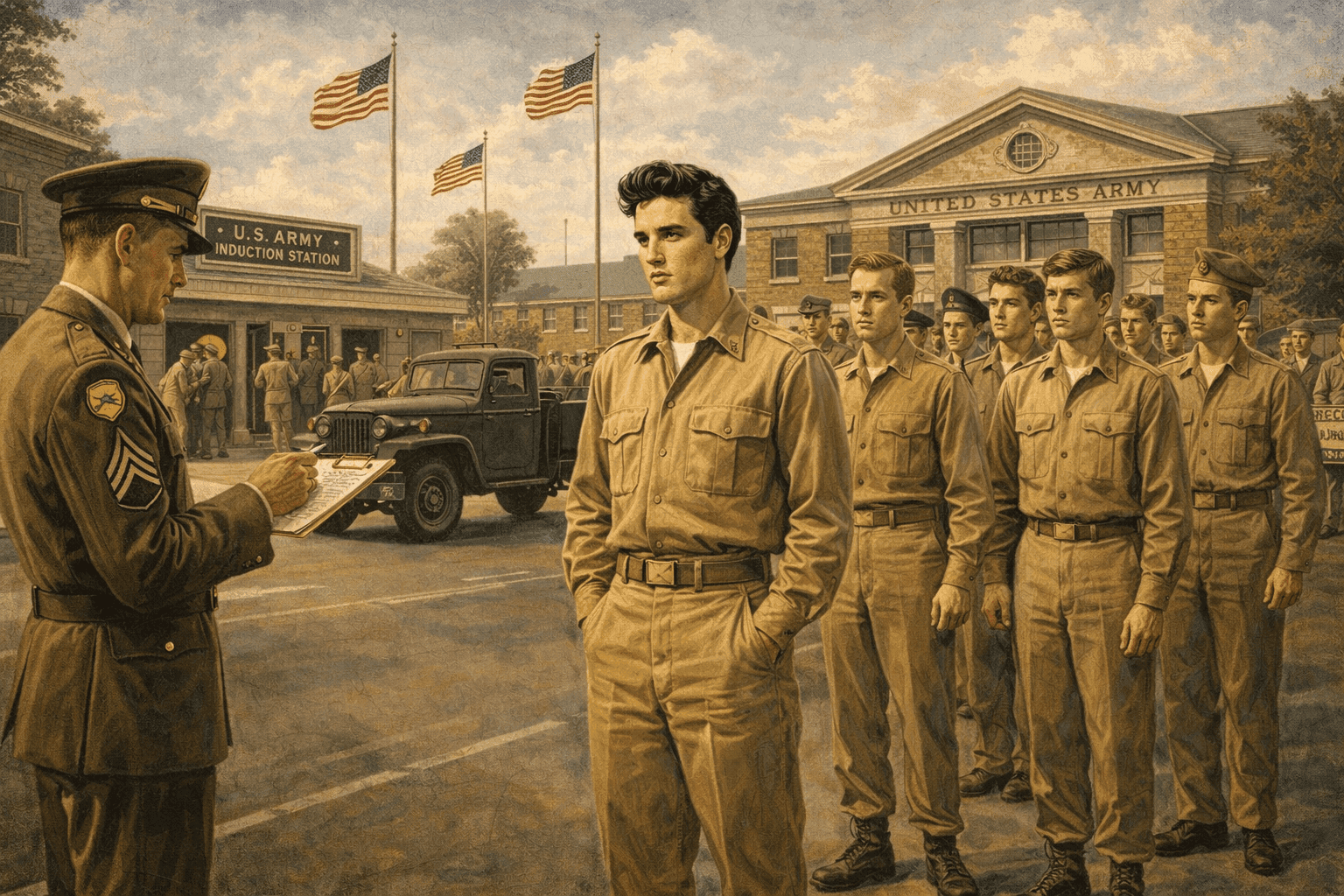 Historical illustration of 1950s military induction center with period architecture and army facilities