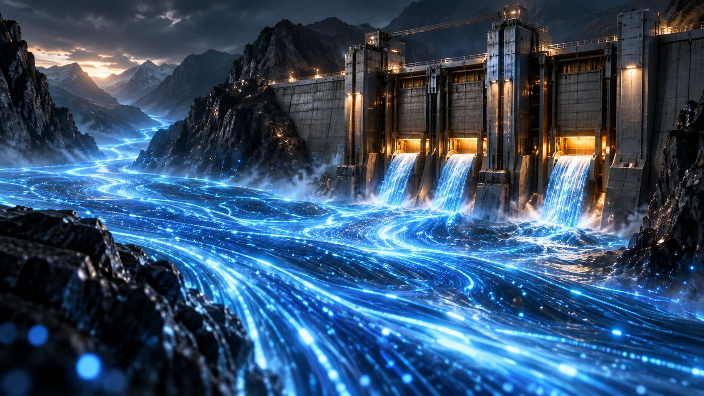 An abstract illustration of a speeding digital current being deliberately slowed by a mechanical gate