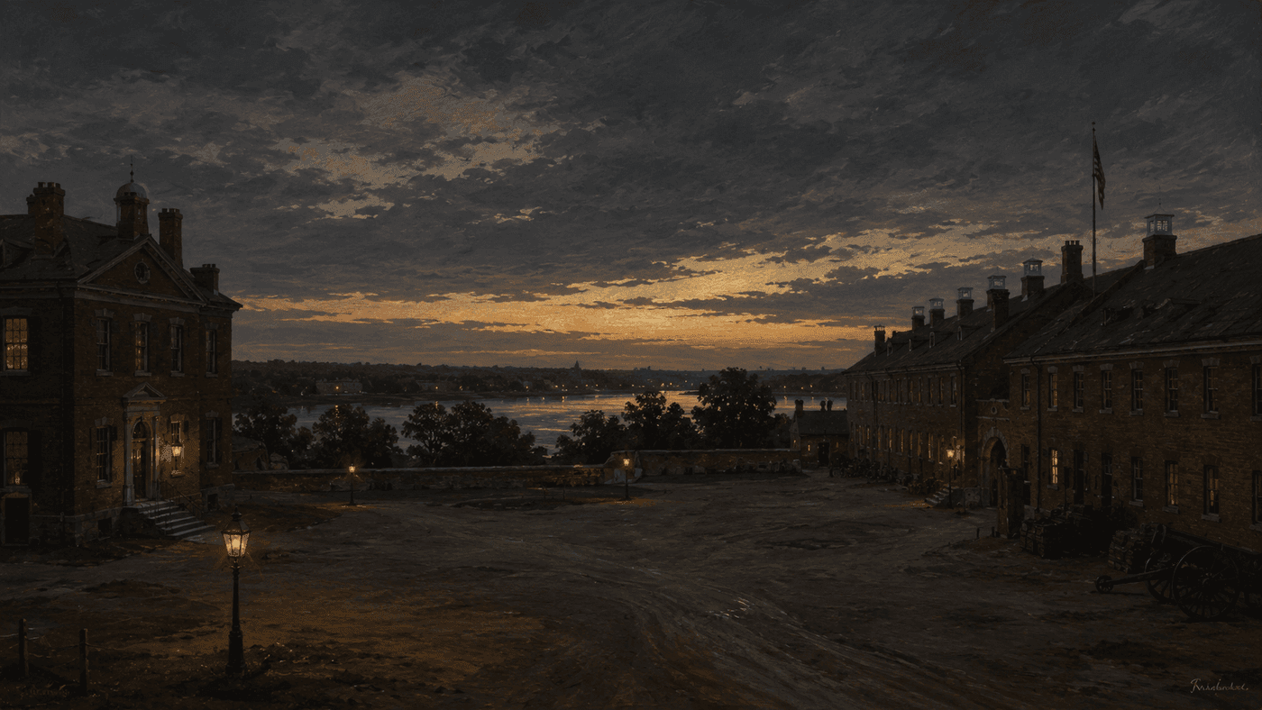 A painterly illustration of the Washington Arsenal grounds at dusk — austere federal brick buildings set against a heavy sky, the Potomac River visible in the distance