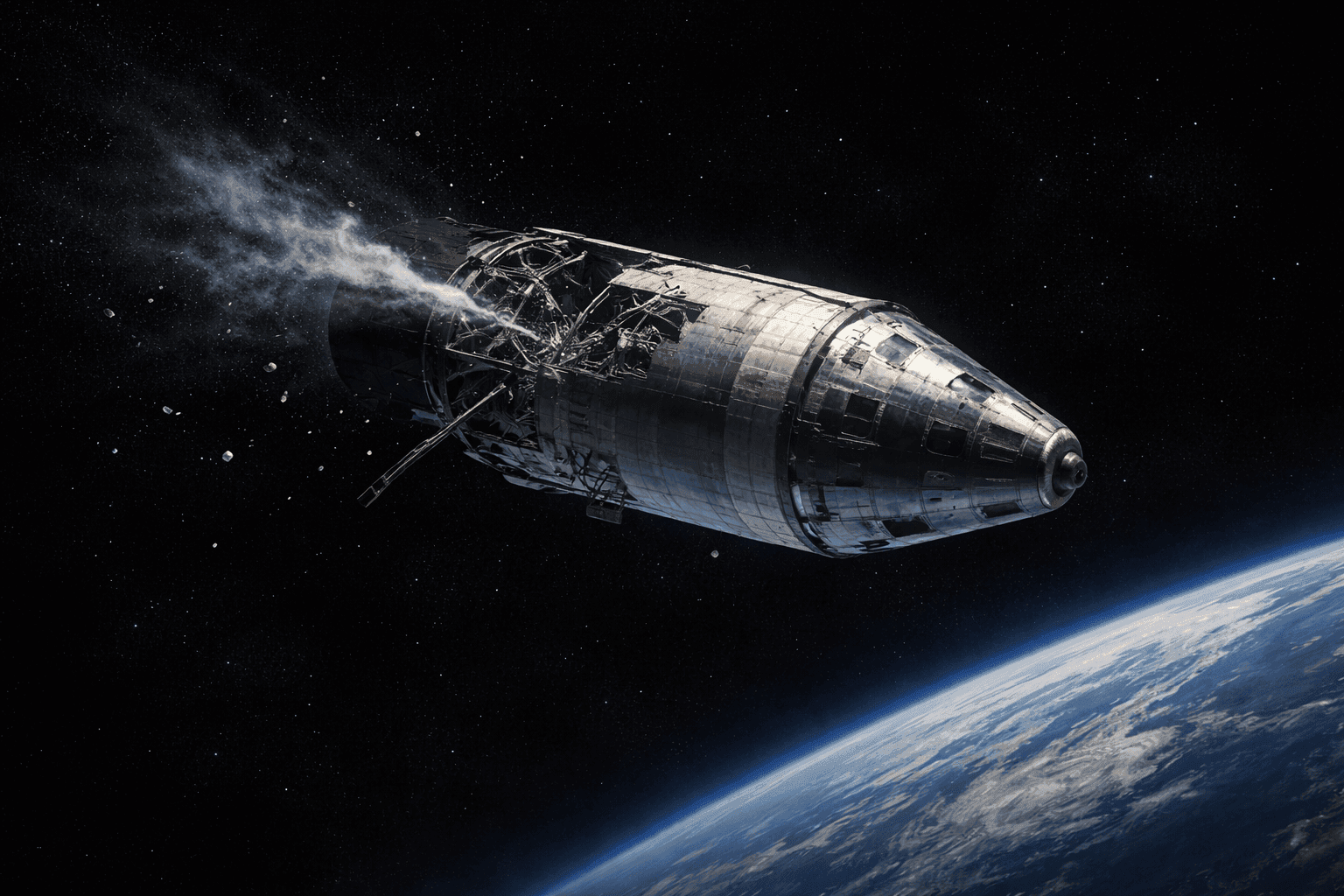 The Apollo 13 spacecraft with visible damage to its service module as it moves against the blackness of deep space