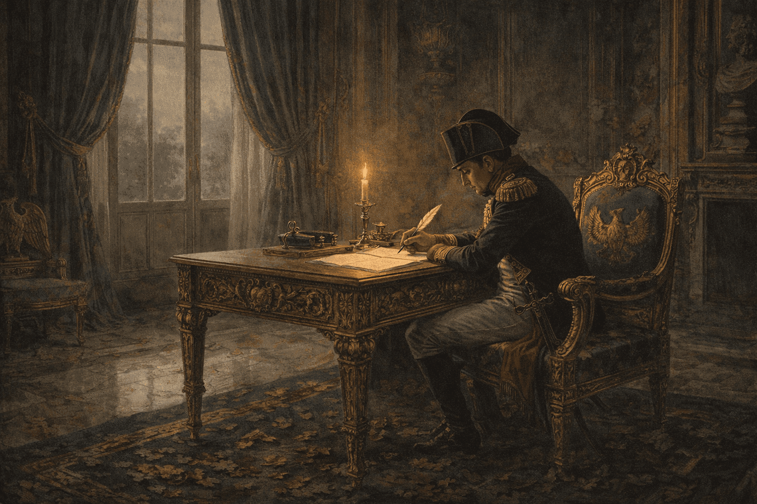 Napoleon Bonaparte seated alone at a writing desk signing documents in a grand but somber palace interior