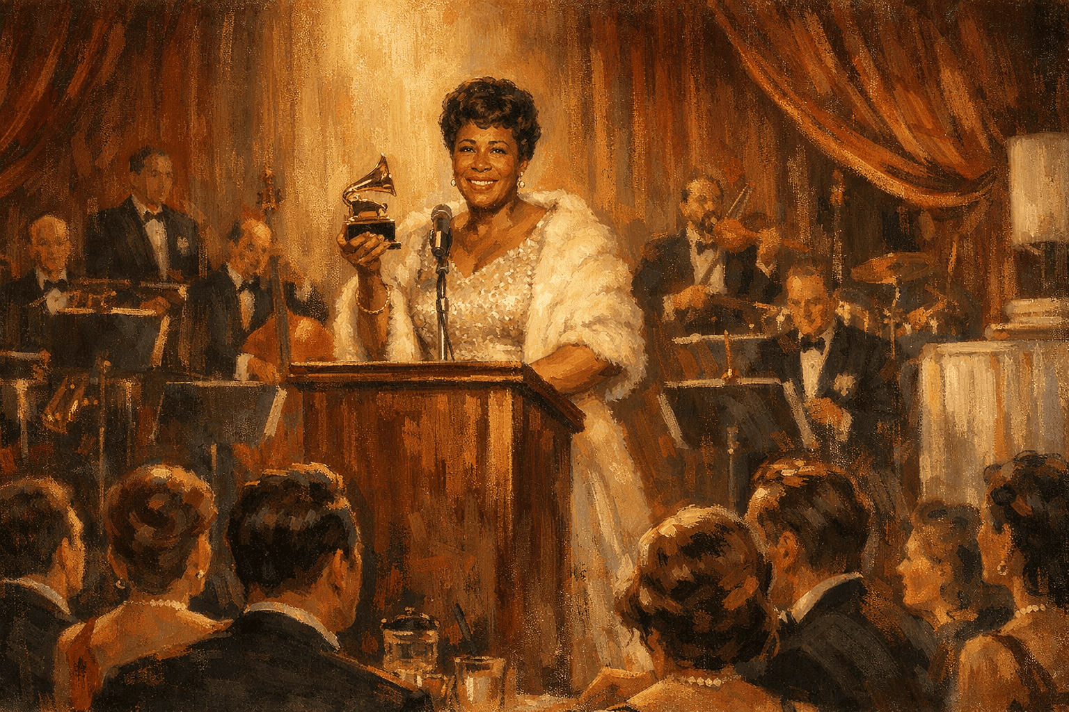 A jazz singer accepting an award on a glamorous awards ceremony stage in 1959 with orchestra members visible behind her