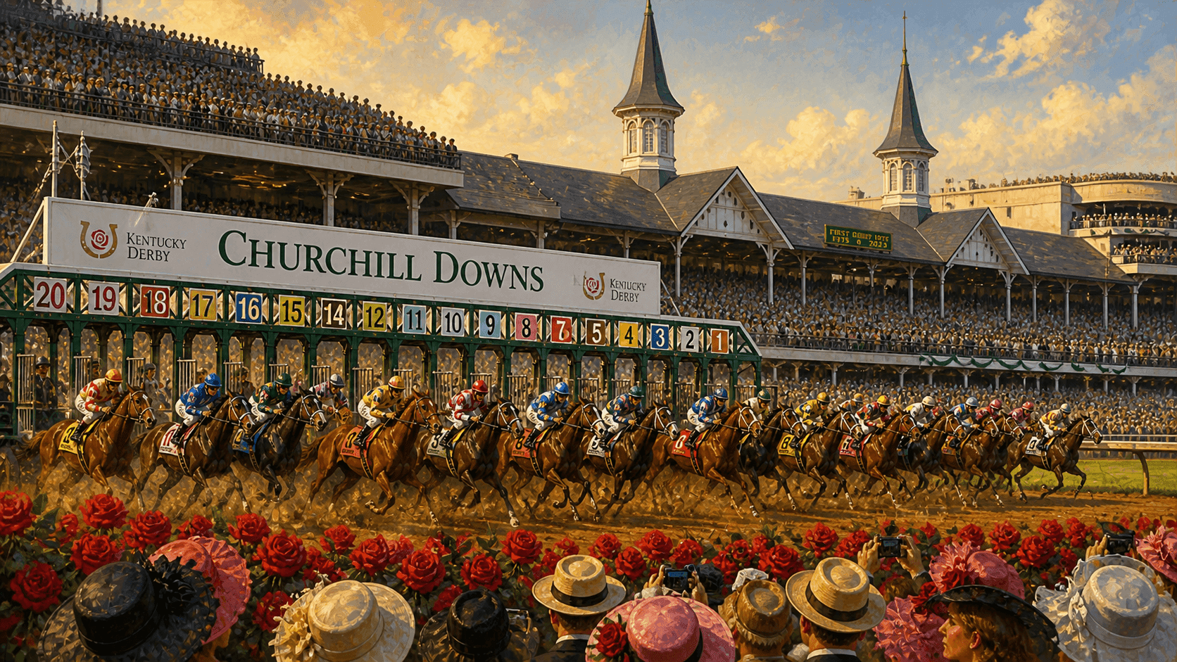 Churchill Downs racetrack with the iconic Twin Spires and a packed grandstand on Kentucky Derby day