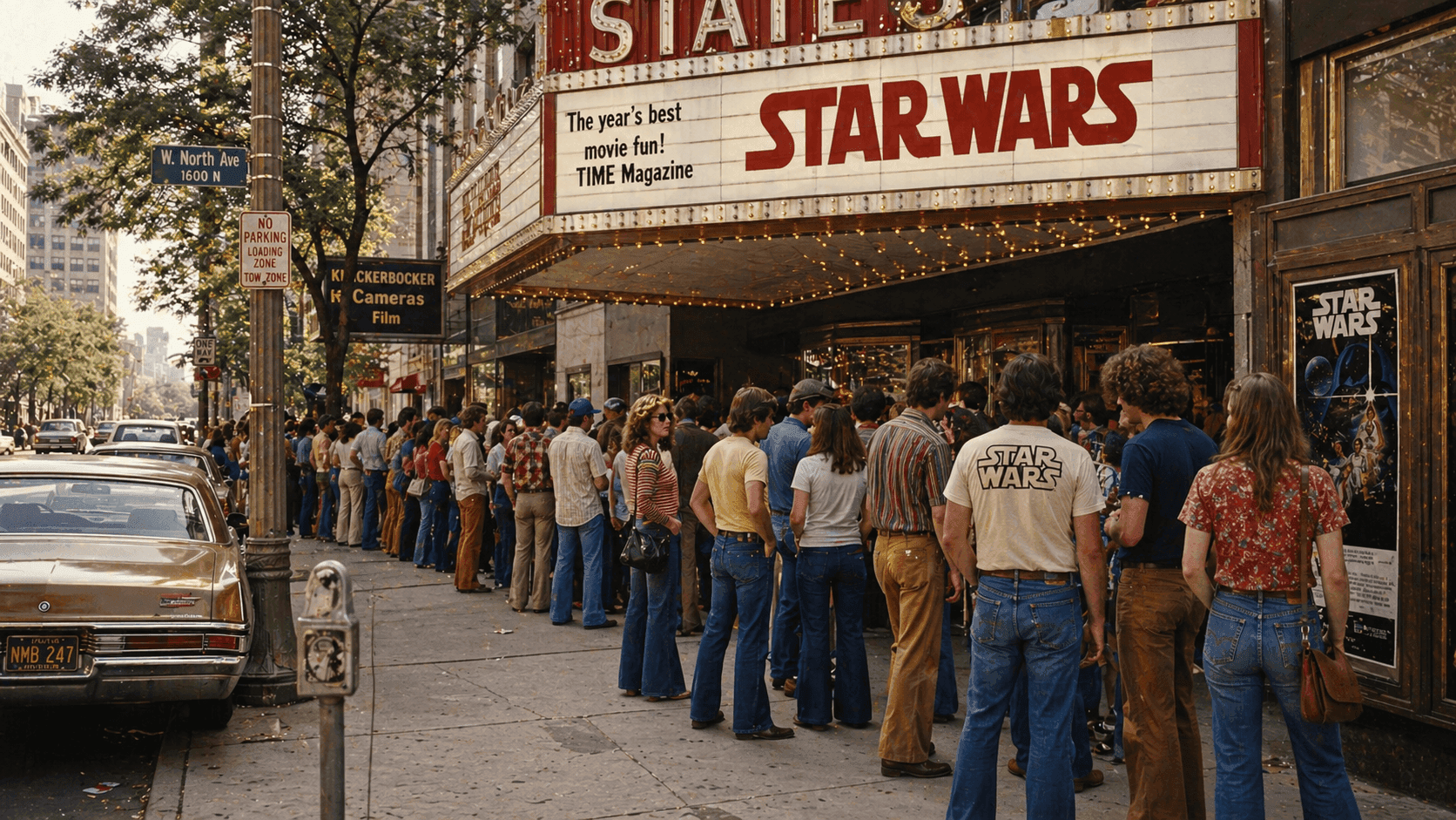 A long line of movie-goers stretching around a city block outside a 1970s cinema marquee on a summer afternoon