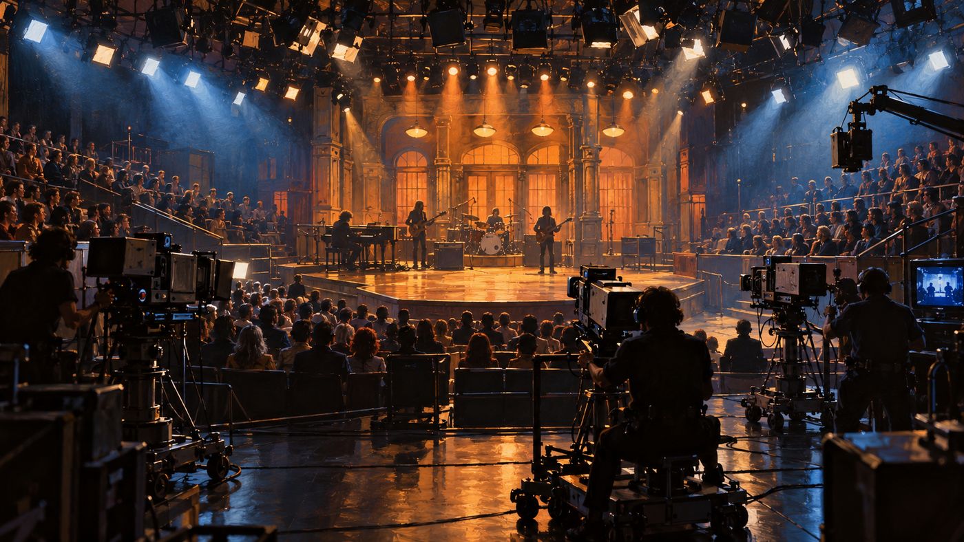 A painterly illustration of the interior of Studio 8H at 30 Rockefeller Plaza in the 1970s — a wide television studio with audience seating, a performance stage under bright lights, cameras and crew visible in the foreground