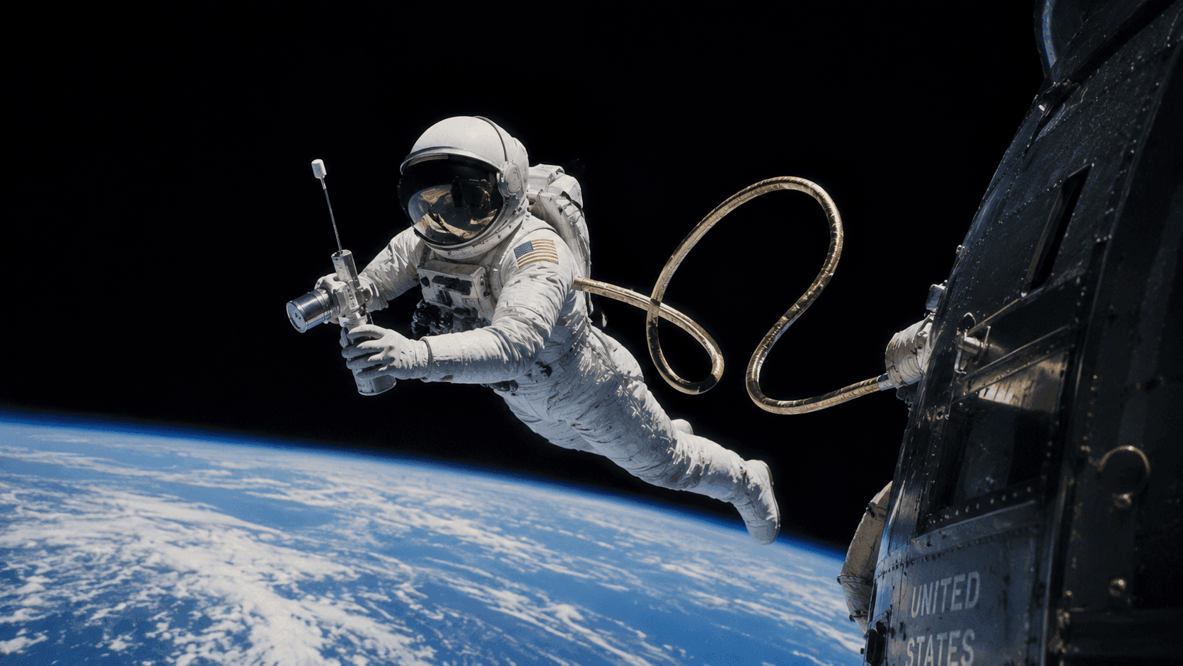 An astronaut in a white spacesuit performing a spacewalk with the blue curve of the Earth visible below against the blackness of space