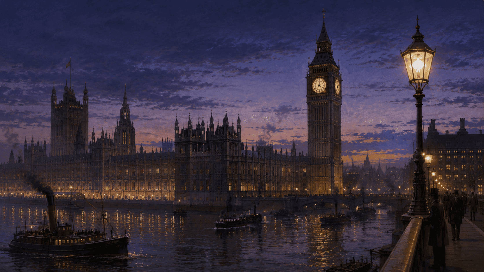 The Elizabeth Tower housing Big Ben rising above the Thames at dusk with the Houses of Parliament reflected in the river below