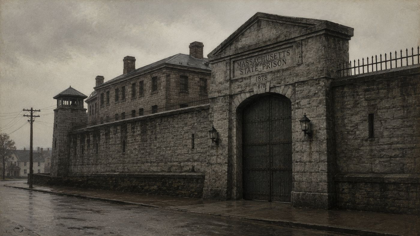 The austere exterior of a Massachusetts state prison in the 1920s, high stone walls and iron gates under a gray morning sky