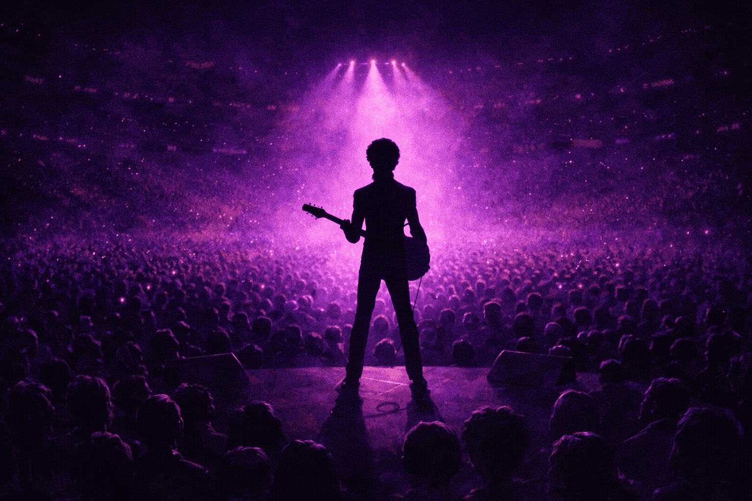 A dramatic concert stage bathed in deep purple light with a lone performer silhouetted against a vast purple-lit arena crowd