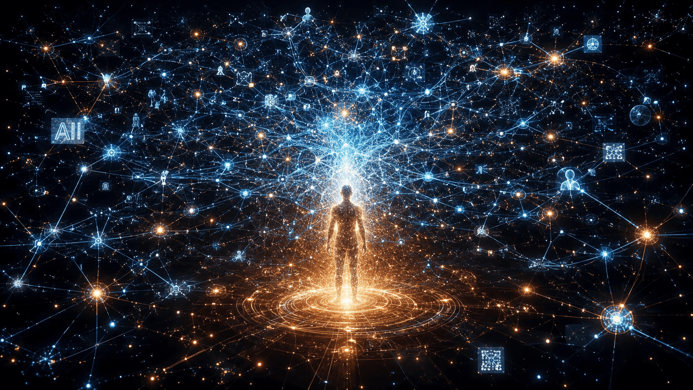 A vast, luminous visualization of artificial intelligence neural networks spreading across a dark digital landscape