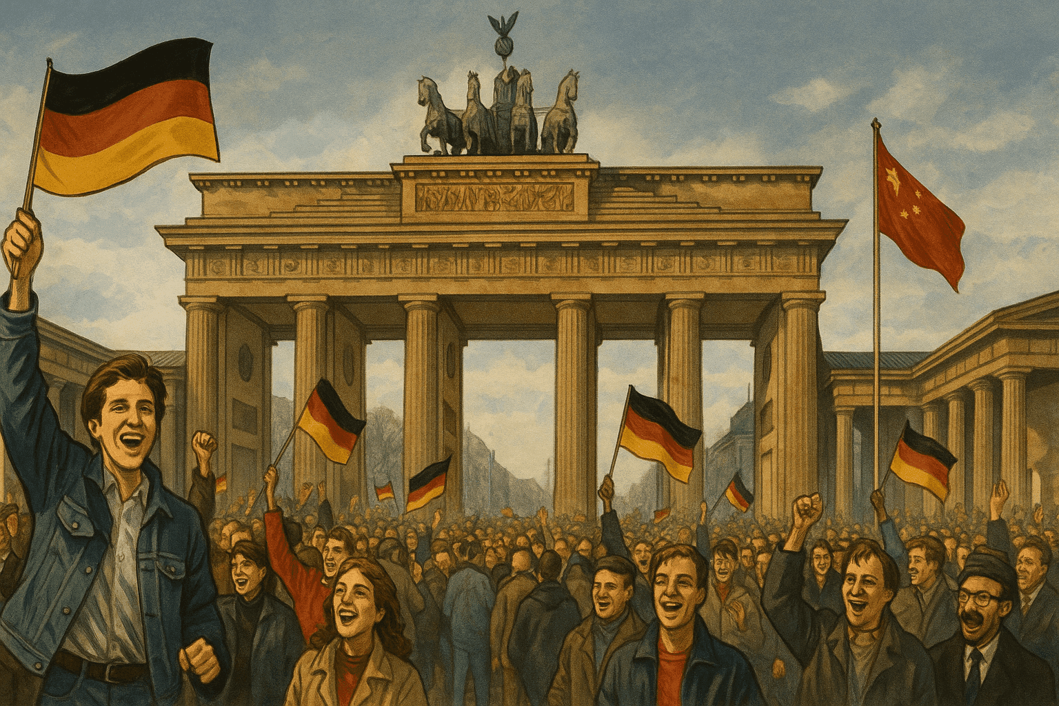 Crowds celebrating at the Brandenburg Gate in 1989 with people streaming through the monument and flags waving in celebration of reunification