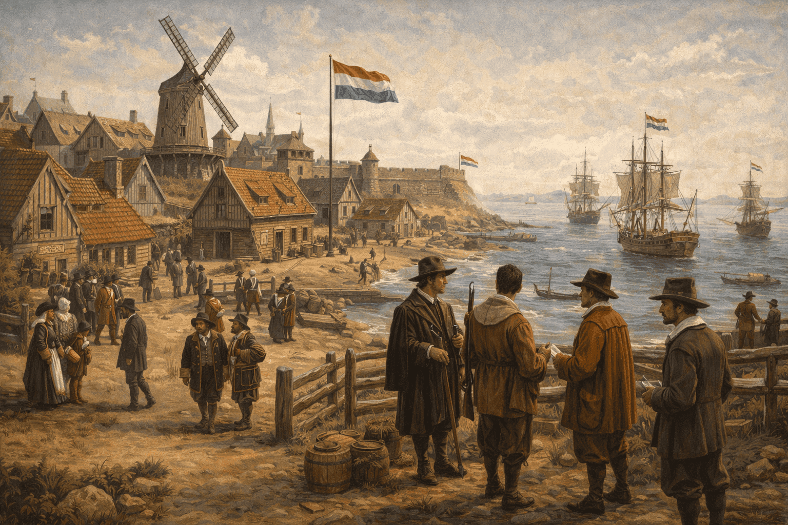 Dutch colonial New Amsterdam settlement at the southern tip of Manhattan with wooden buildings, windmill, and ships in harbor