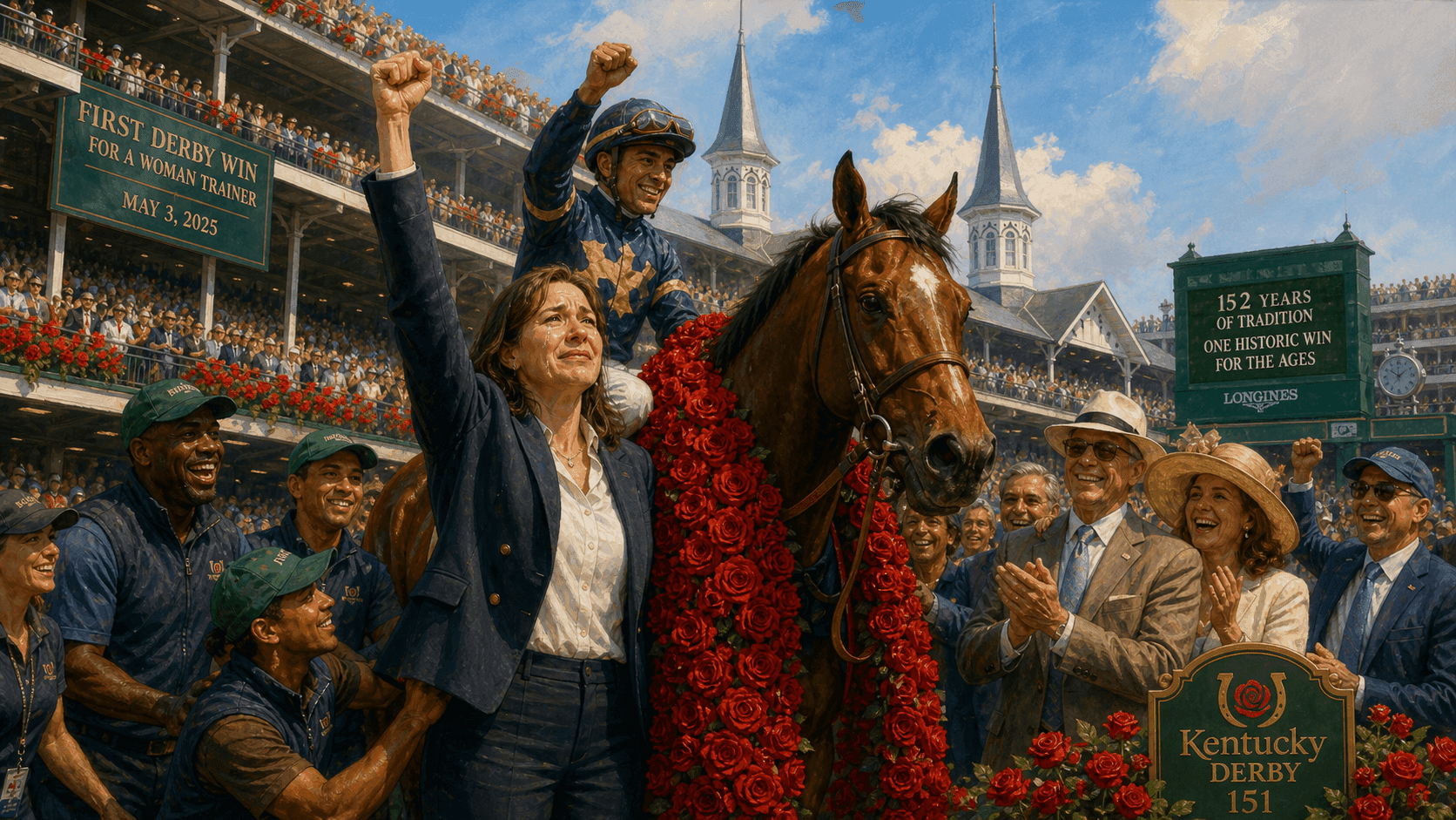 Trainer Cherie DeVaux celebrates in the winner's circle at Churchill Downs after Golden Tempo wins the 152nd Kentucky Derby on May 2, 2026