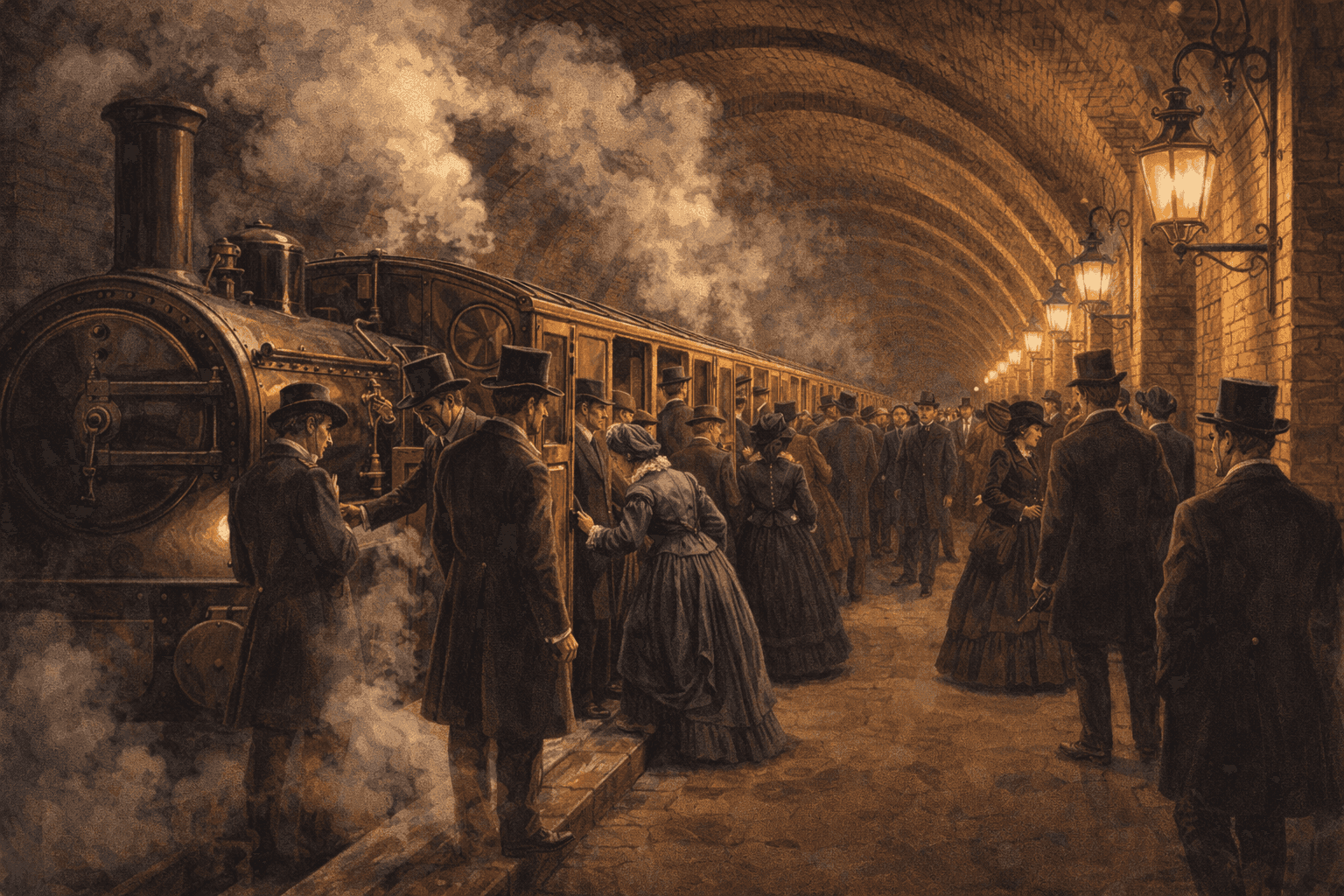 The Metropolitan Railway opening in 1863 with Victorian passengers boarding steam-powered underground trains in period London setting