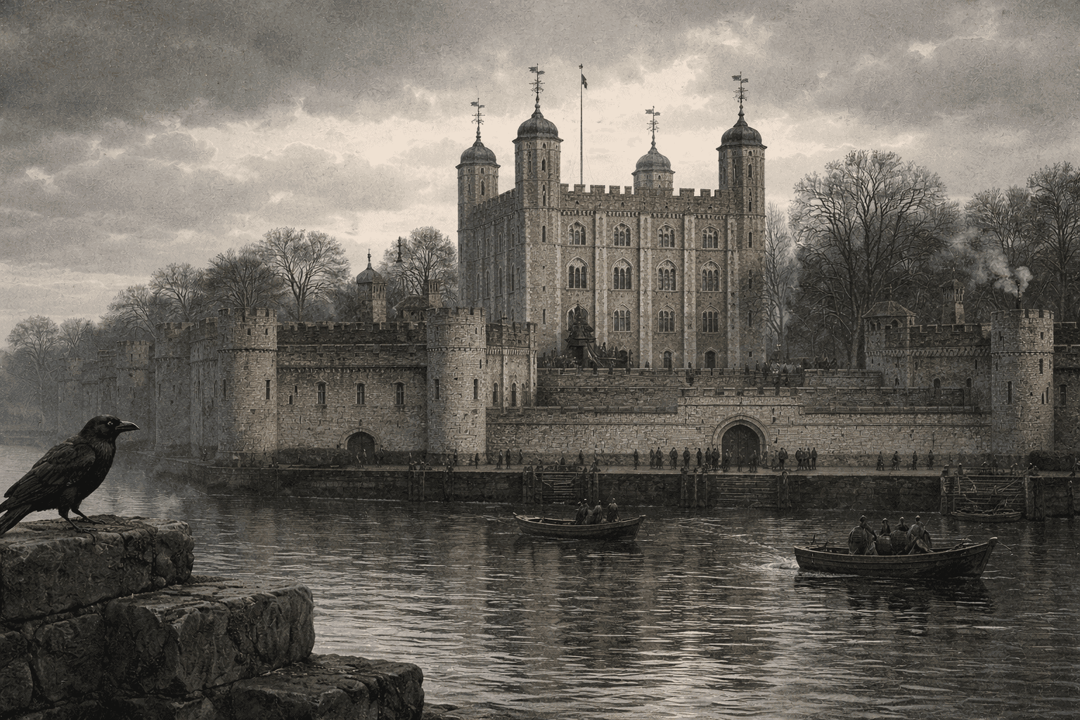 The Tower of London rising above the Thames on a gray morning with its medieval stone walls and turrets