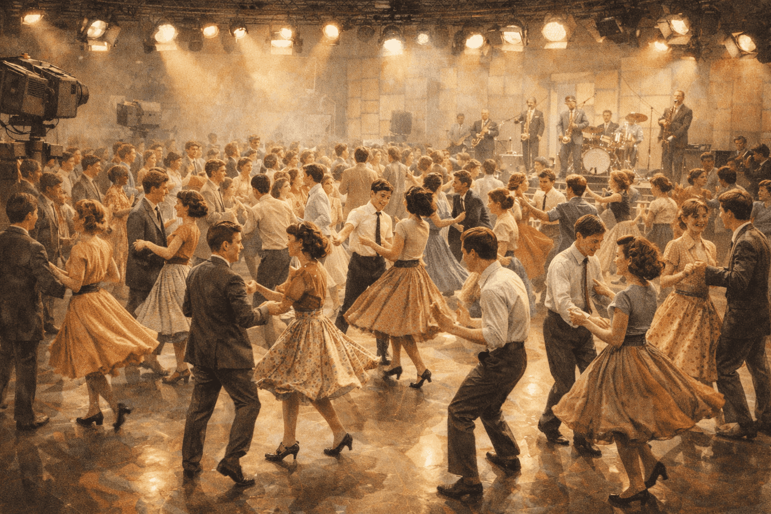 A 1950s television studio dance show set with teenagers dancing under bright studio lights and a live band performing in the background