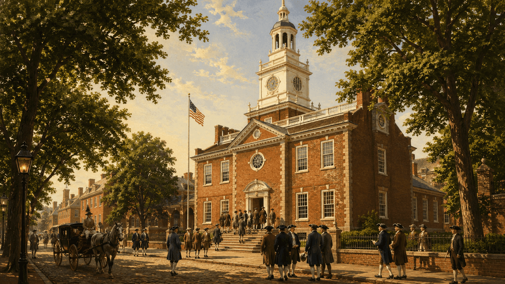 The exterior of Independence Hall in Philadelphia in summer with colonial delegates visible through the windows