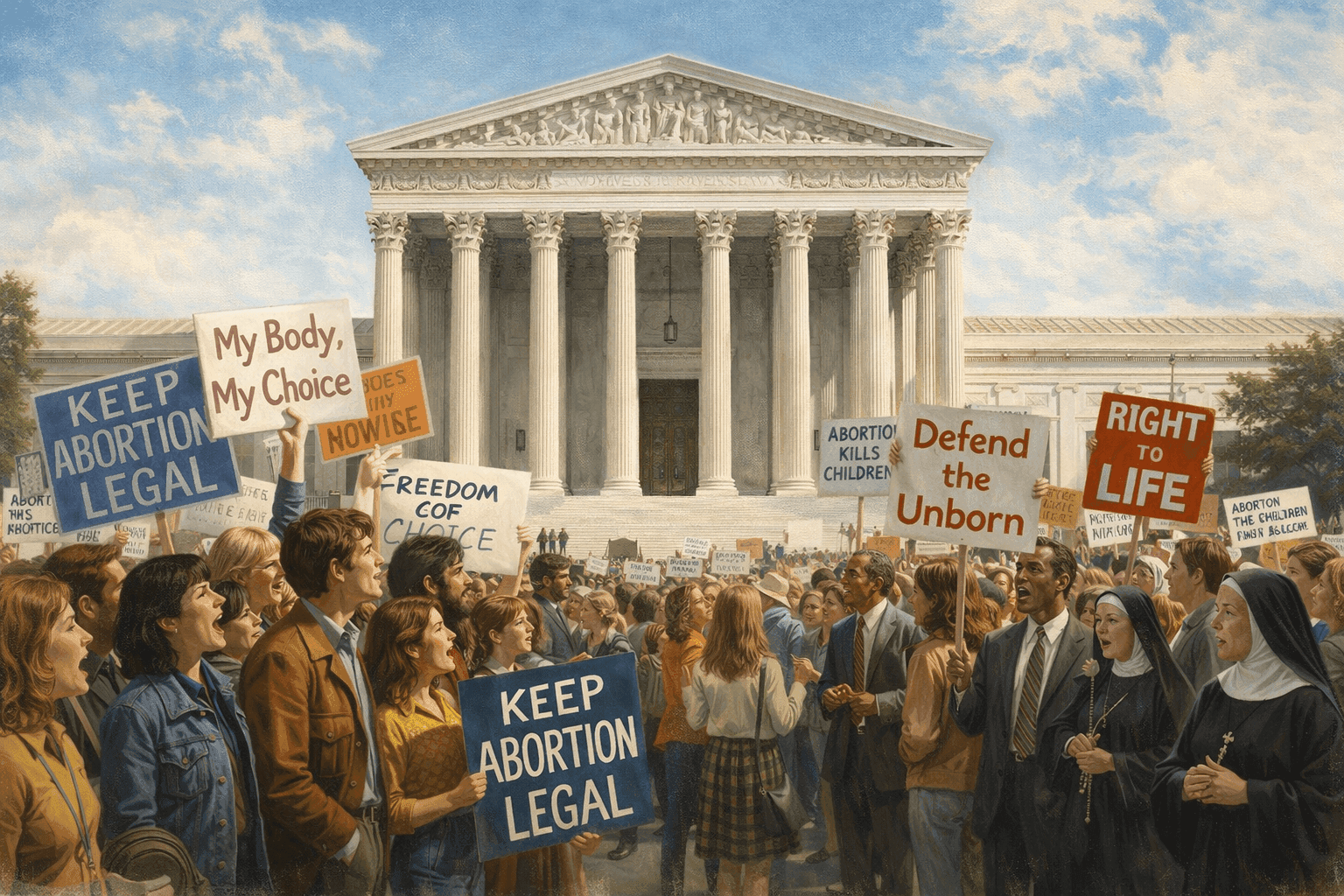 The Supreme Court building with protesters holding signs on both sides of the abortion debate