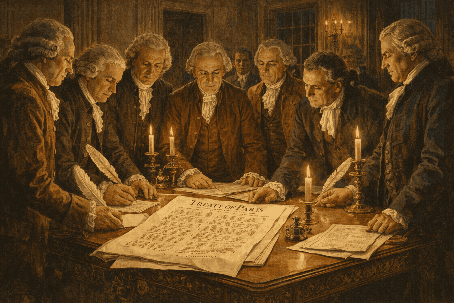 The signing of the Treaty of Paris with American delegates in formal 18th century attire gathered around a table