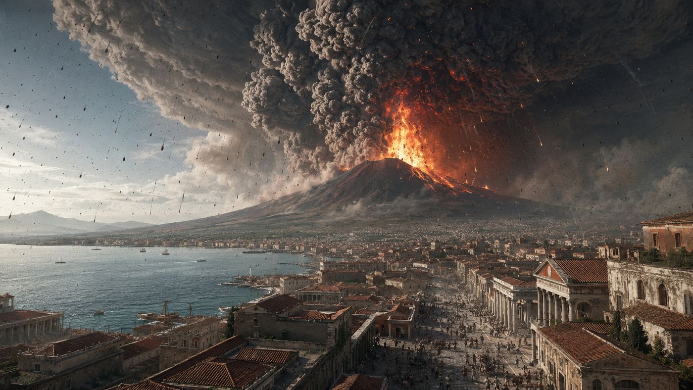 A vast volcanic eruption column rising above a Bay of Naples landscape, ash and pumice raining down on Roman buildings below