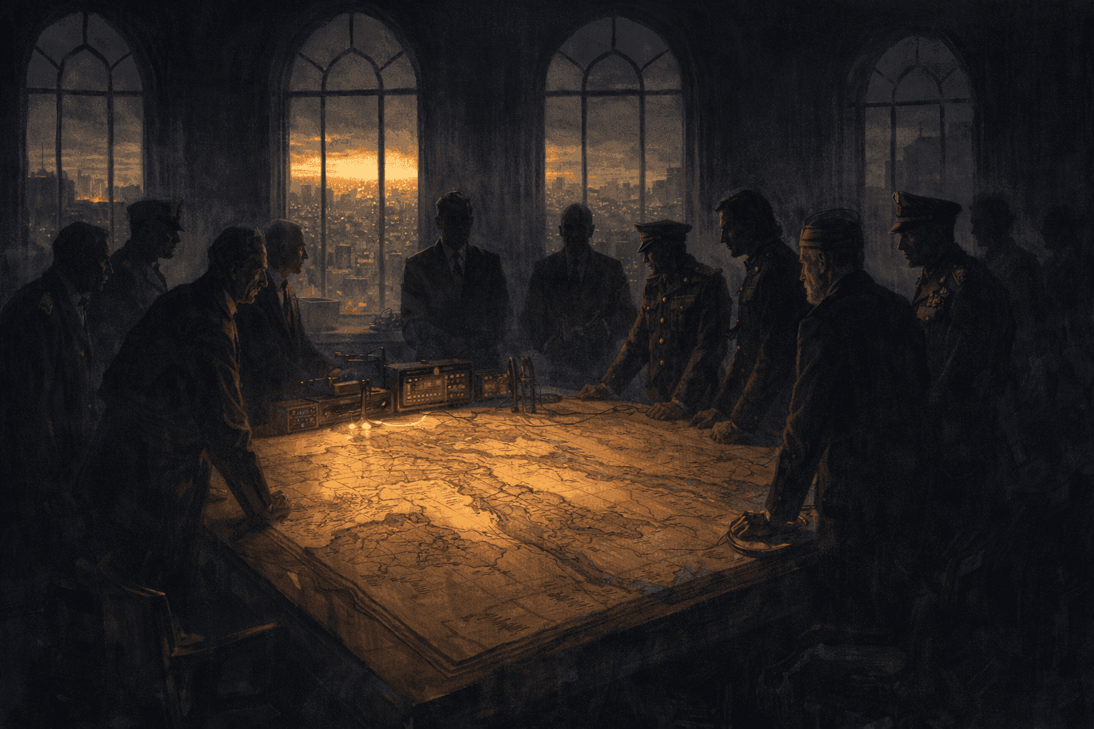 A war room scene depicting military commanders and heads of state at a table with maps and communications equipment, as dawn light filters through tall windows