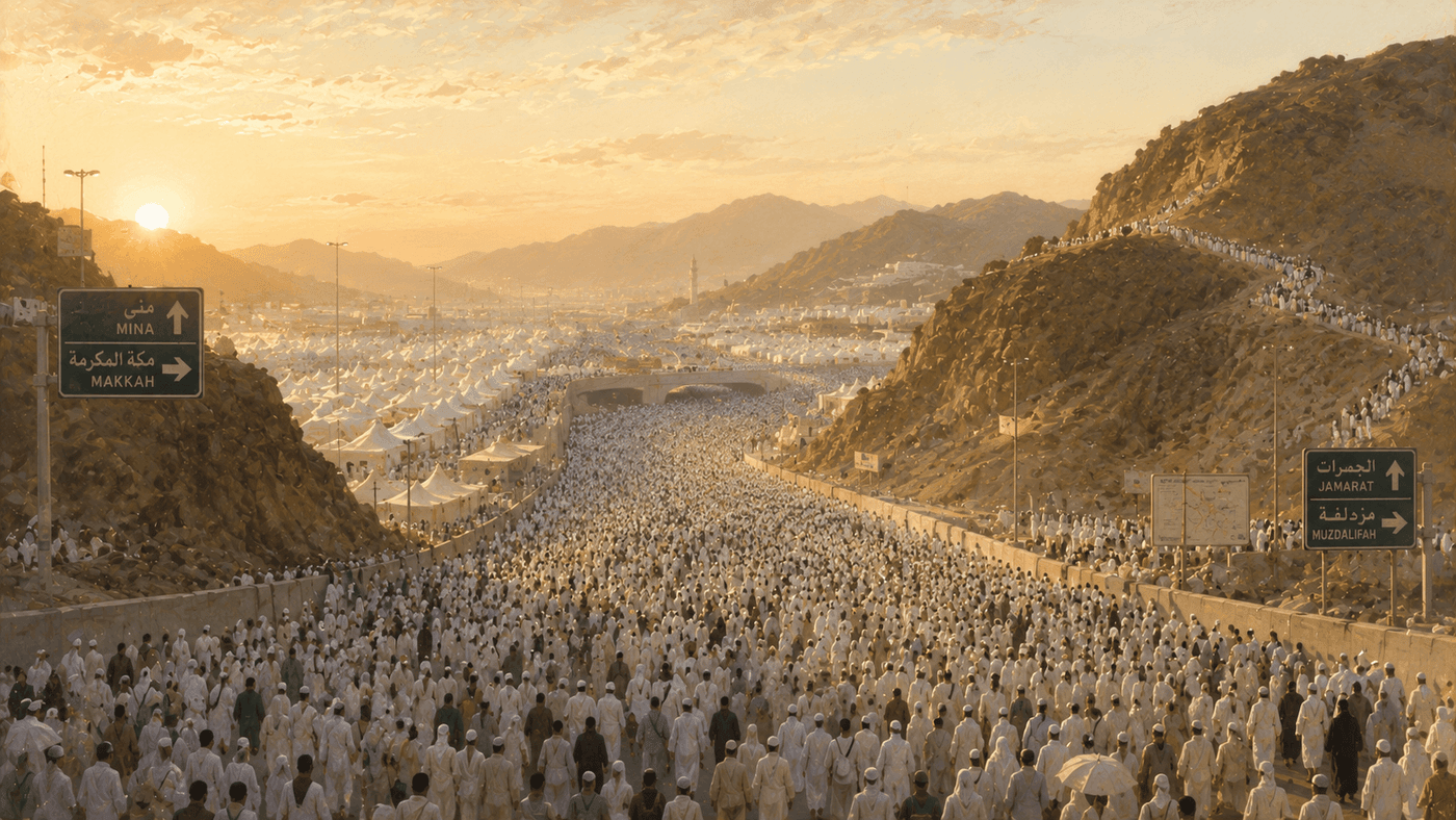 A vast gathering of pilgrims in white garments moving through a wide desert passage at dawn, the landscape stretching toward distant hills