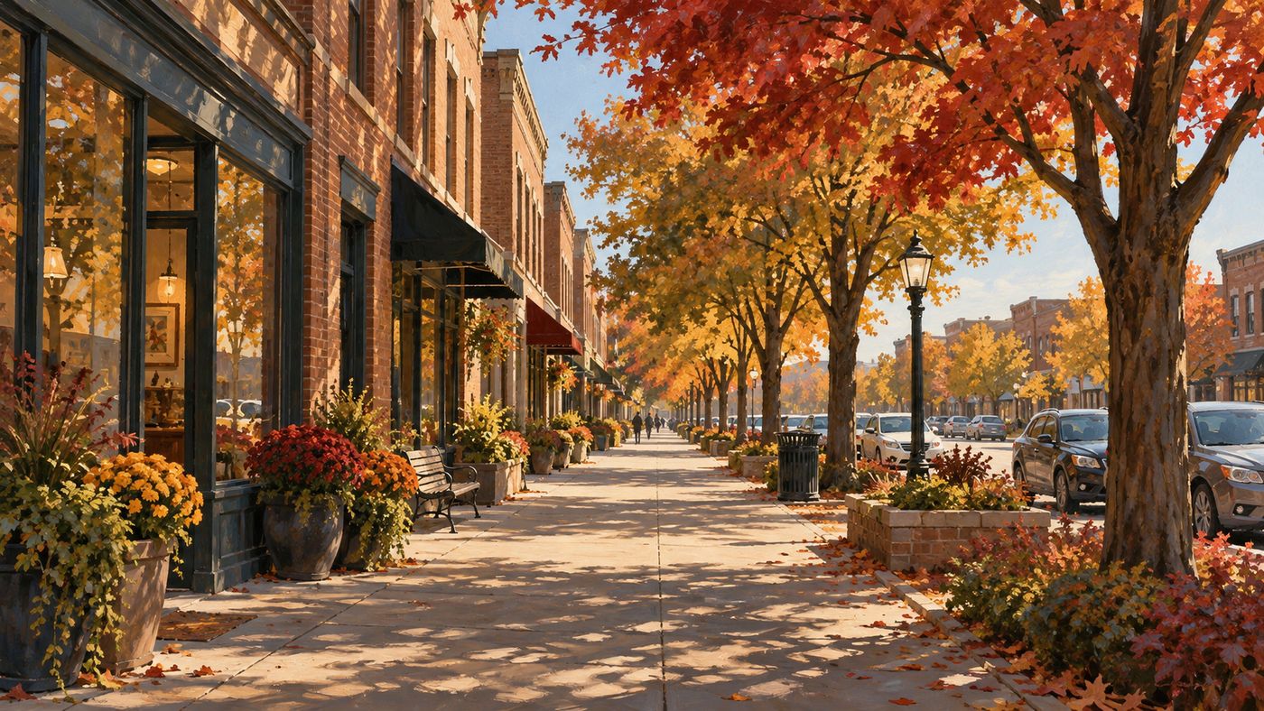A painterly illustration of a quiet American suburban street in early autumn — modest brick buildings, maples in fall color lining the sidewalk, a clear October sky above an ordinary Midwestern town
