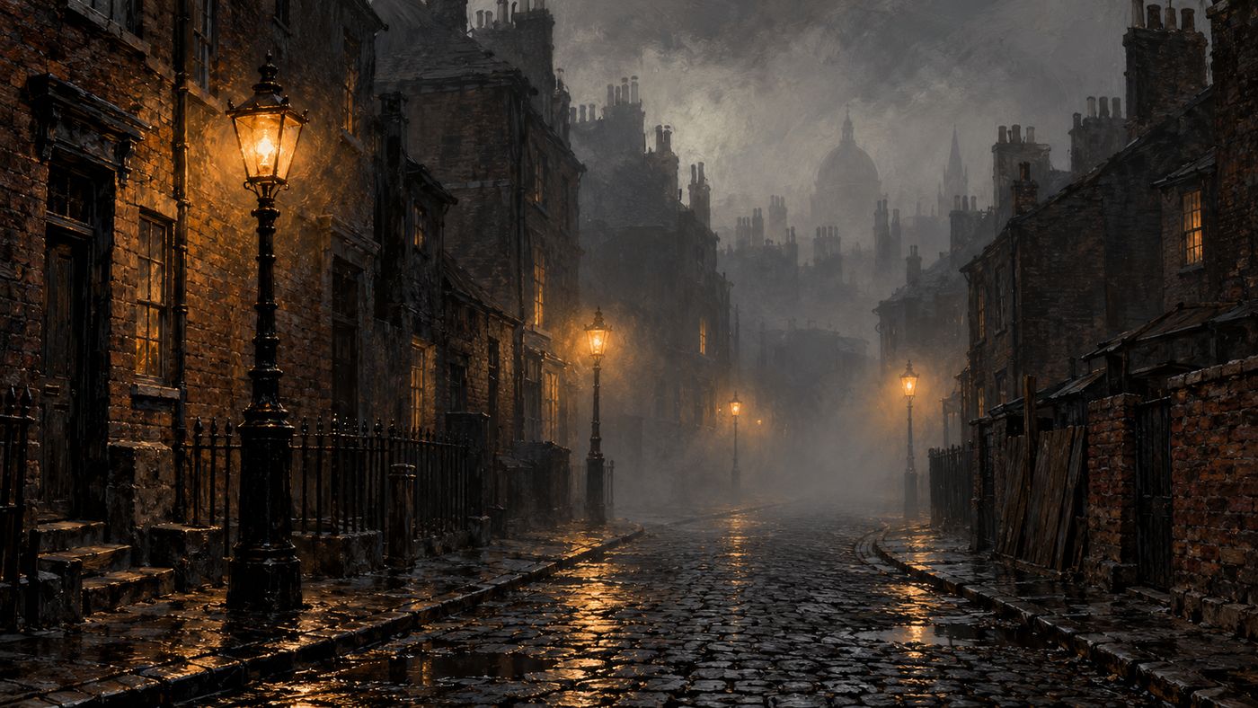 A painterly illustration of a Victorian London street at night in the fog — narrow cobblestone lanes lined with brick tenements, gas lamps casting pools of amber light in the mist, the atmosphere of Whitechapel in 1888