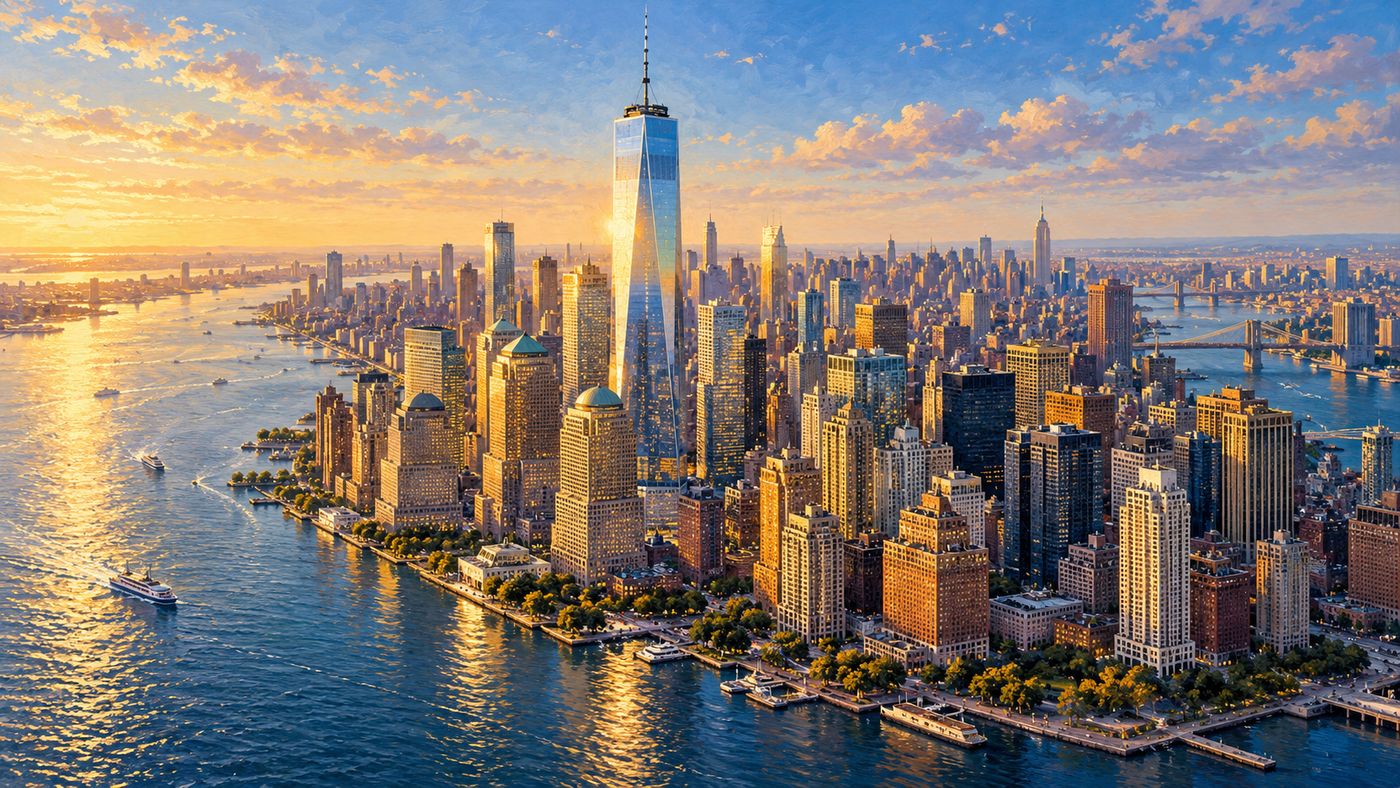 A painterly illustration of One World Trade Center rising above the lower Manhattan skyline — the tapered glass tower catching morning light, the Hudson River visible to the left, the city stretching away in all directions below a clear sky